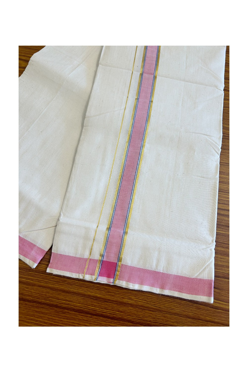 25% Discount KaithariKada 100% Cotton Balaramapuram HANDLOOM Single Mundu/Dhoti - Off White - (Unbleached) 1.75 Silver Pink & Blue Striped Kara (2 meter / 4 muzham) - 16KK499KK