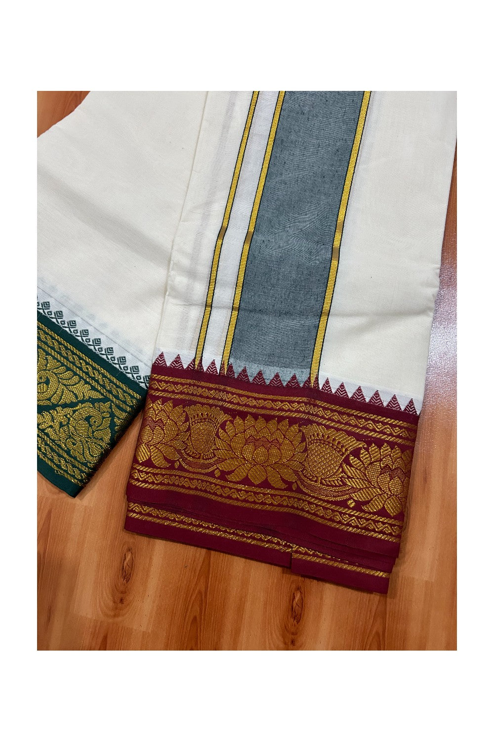 36% DISCOUNT! KaithariKada Cotton Mix Off White - (Unbleached)- 80x80 thread -80% Cotton &20% Polyester -NORTH INDIAN - ATTACHED GAMCHA 9X5 Dhoti 4 inch Green kara with Maroon Kasavu border - 16KK5005PMC