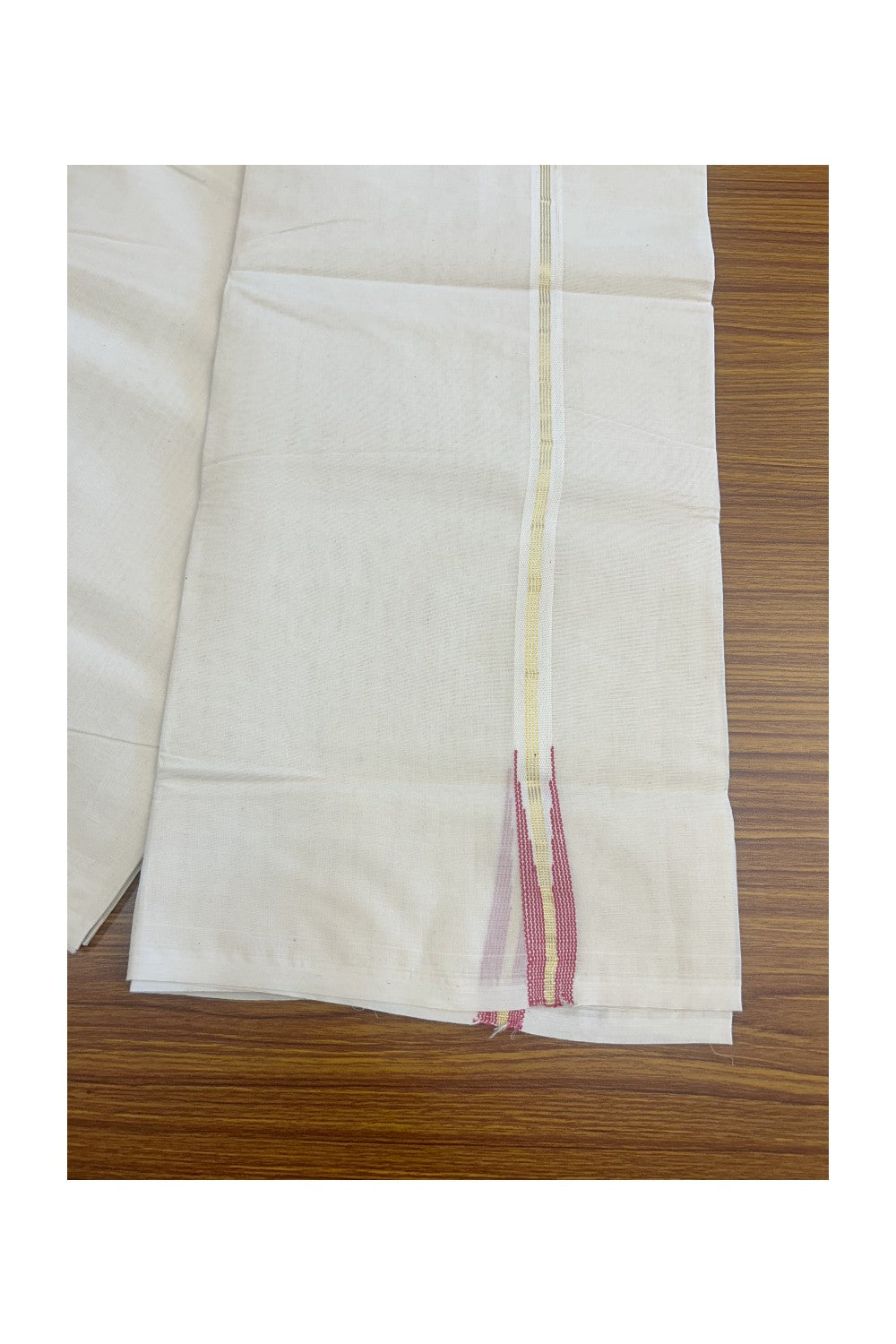 18% Discount Latest!! KaithariKada Balaramapuram 100% Cotton Double Off white - (Unbleached) - Mundu/Dhoti-100x100 - 2 cm Puliyilakkara Chutty 4 line Kasavu & Reddish Pink Kara - 75