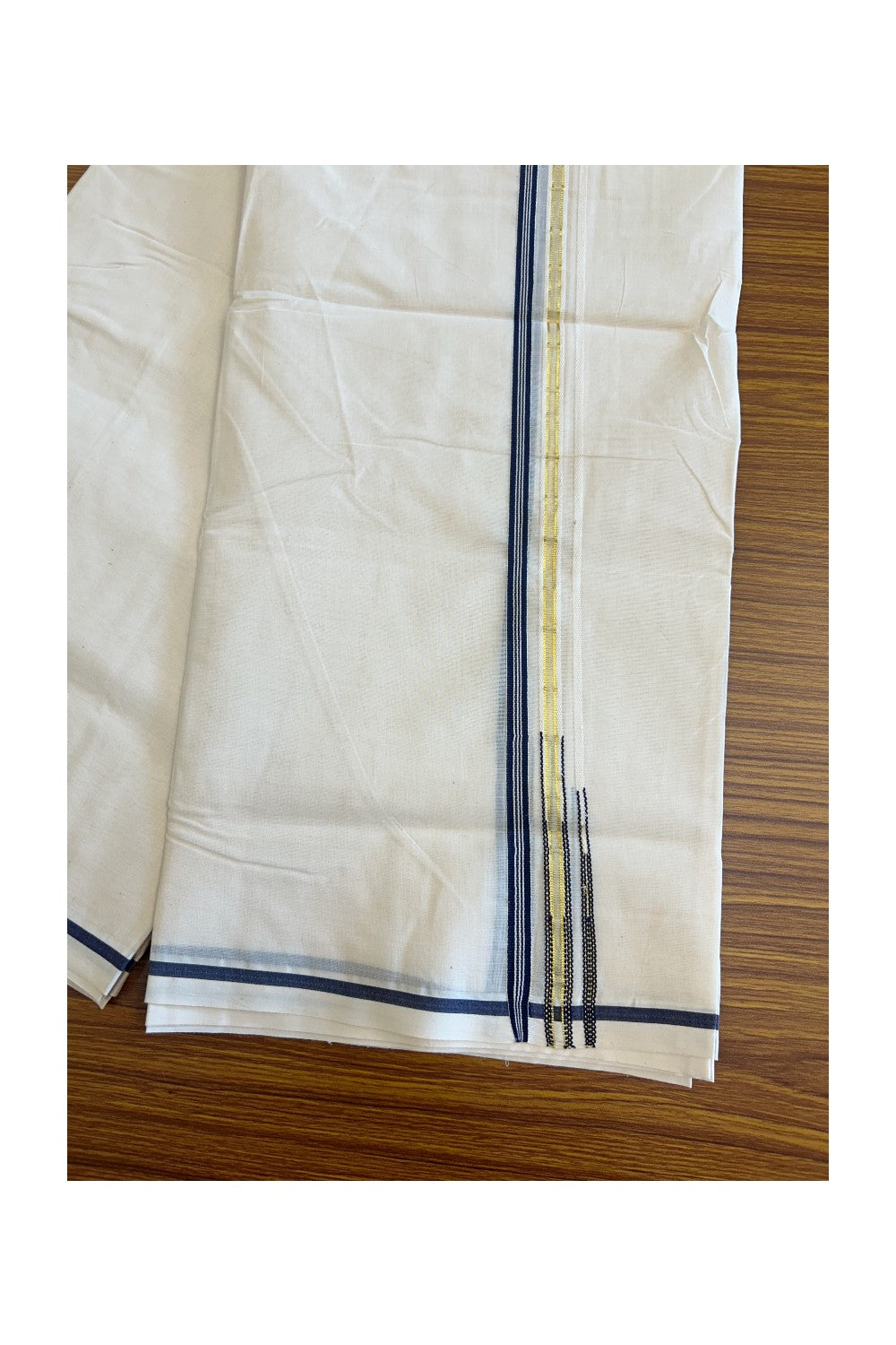 20% DISCOUNT! KaithariKada Balaramapuram 100% Cotton Double Off white - (Unbleached) - Mundu/Dhoti-100x100 1.5cm Chutty Puliyilakkara Navy Blue & Kasavu Kara Double Chutty-36