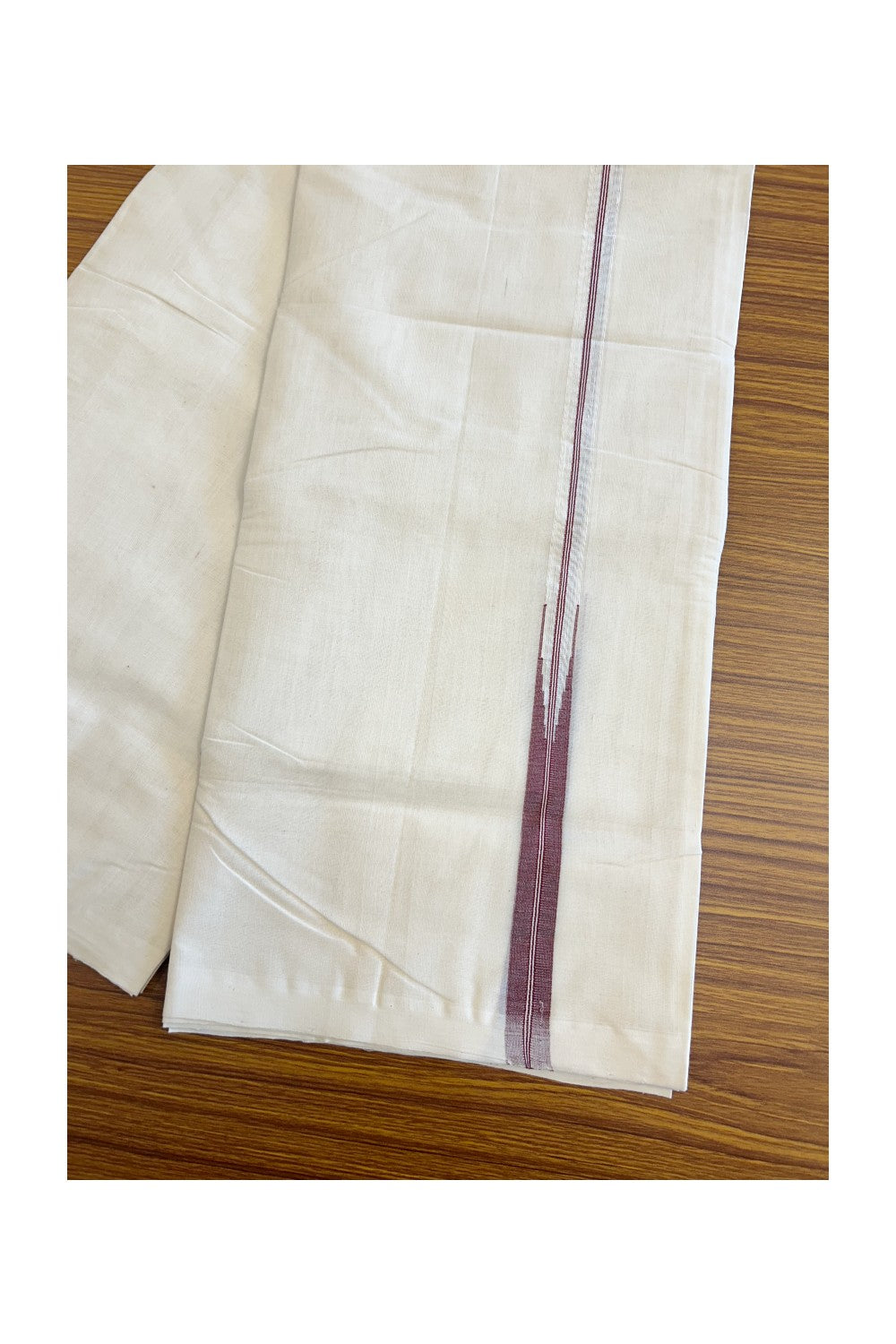 25% Discount!! KaithariKada Handloom Millpaav Balaramapuram - 100% Pure Cotton Off White (Unbleached) Double Mundu/Dothi - Maroon stripes big puliyilakkara chutty- 25KK86RAM