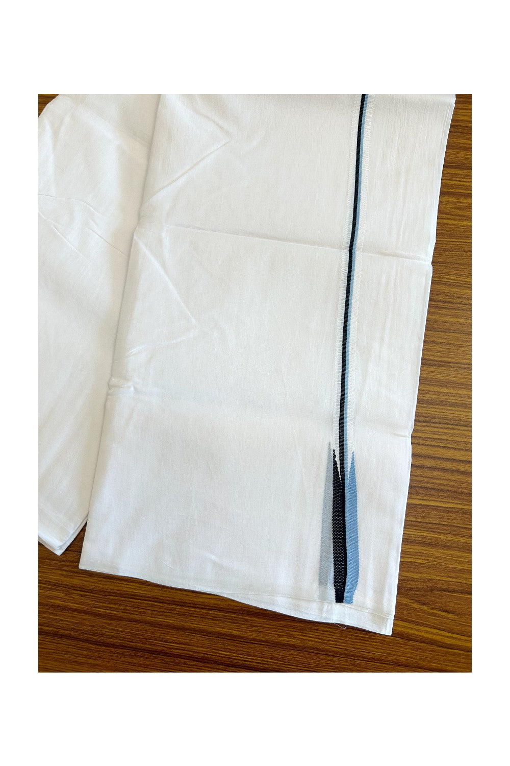 27% DISCOUNT!!! KaithariKada Balaramapuram 100% Cotton Pure white Double Mundu/Dhoti-100x100 Puliyilakkara Black & Sky blue chutty - 4KK412ASH