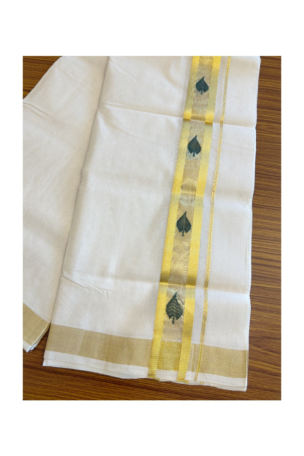 25% Discount!!! KaithariKada HANDLOOM UNAKKUPAAV Balaramapuram - 100% PURE Cotton off white (Unbleached) Double Mundu/Dhoti -100x 100 - 2.5 inch Kasavu with Centre Tissue & Green Leaf design kara - 15KK5096YAR