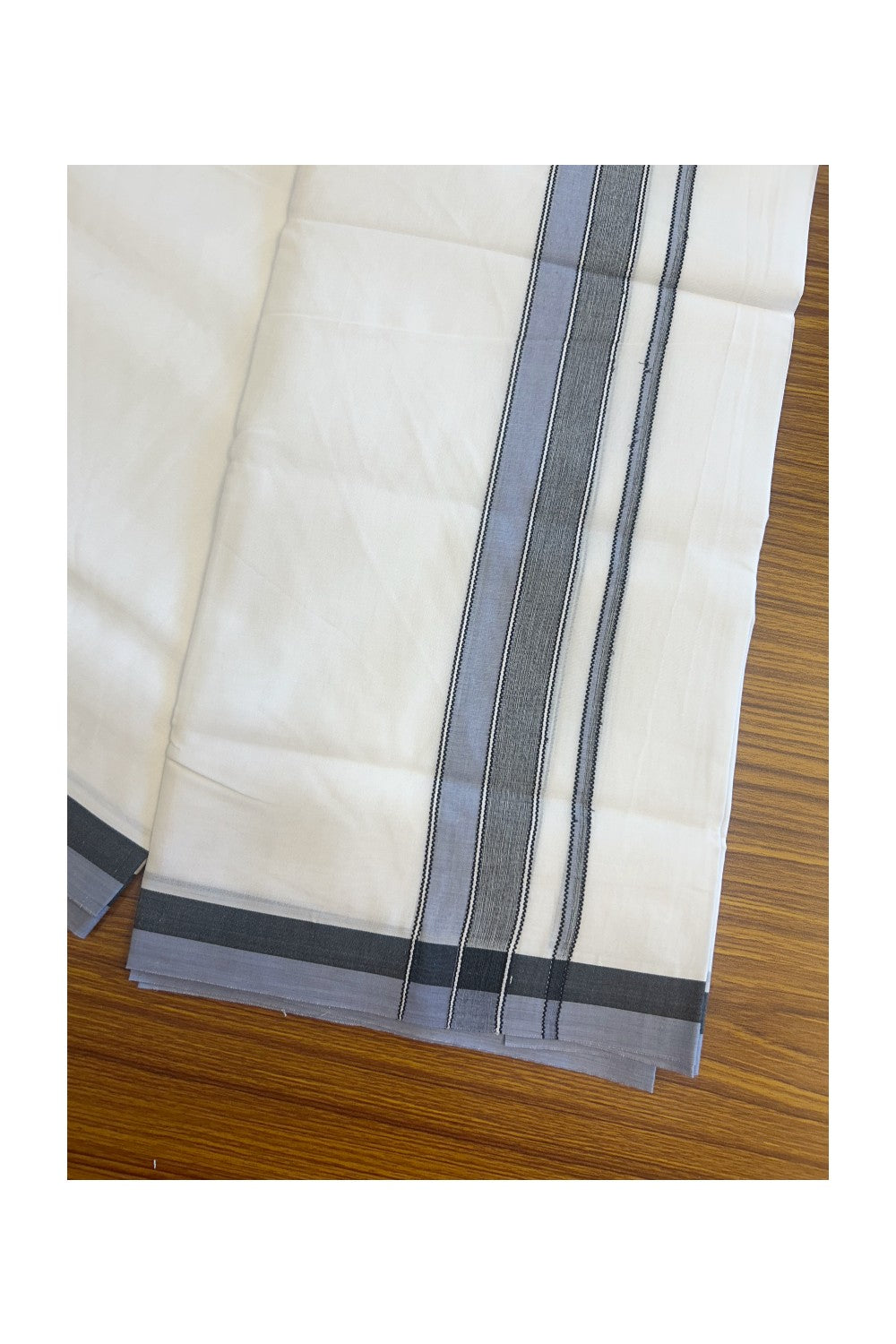 28% DISCOUNT! KaithariKada Balaramapuram 100% Cotton PURE WHITE Double Mundu/Dhoti-100x80 2.75 inch Light blue & Black shaded designer kara - 16KK5116MR