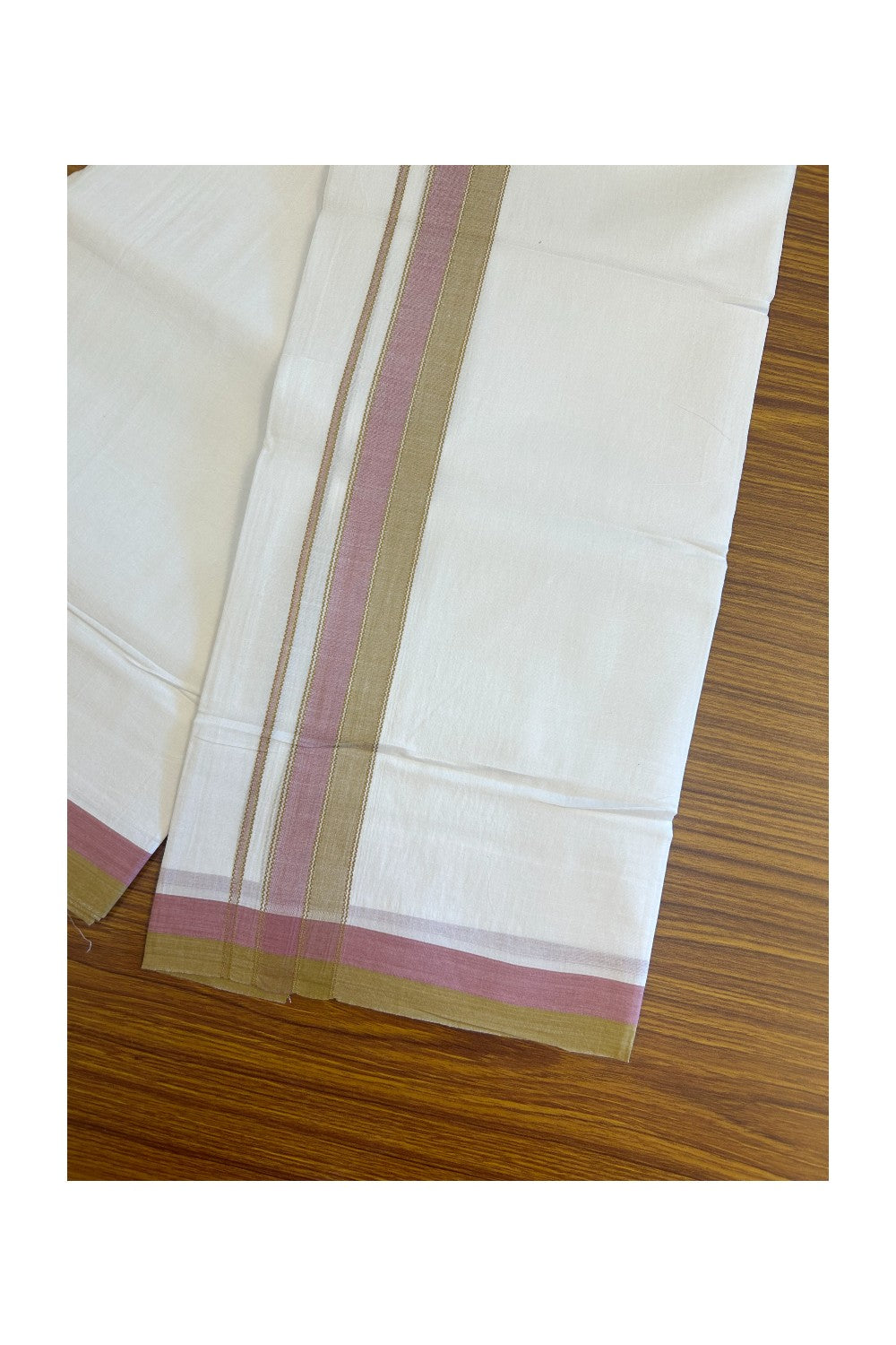 28% DISCOUNT! KaithariKada Balaramapuram 100% Cotton PURE WHITE Double Mundu/Dhoti - 100x80 - 1.75 inch Light Brown & Rose Pink shaded designer kara - 14KK5134THI