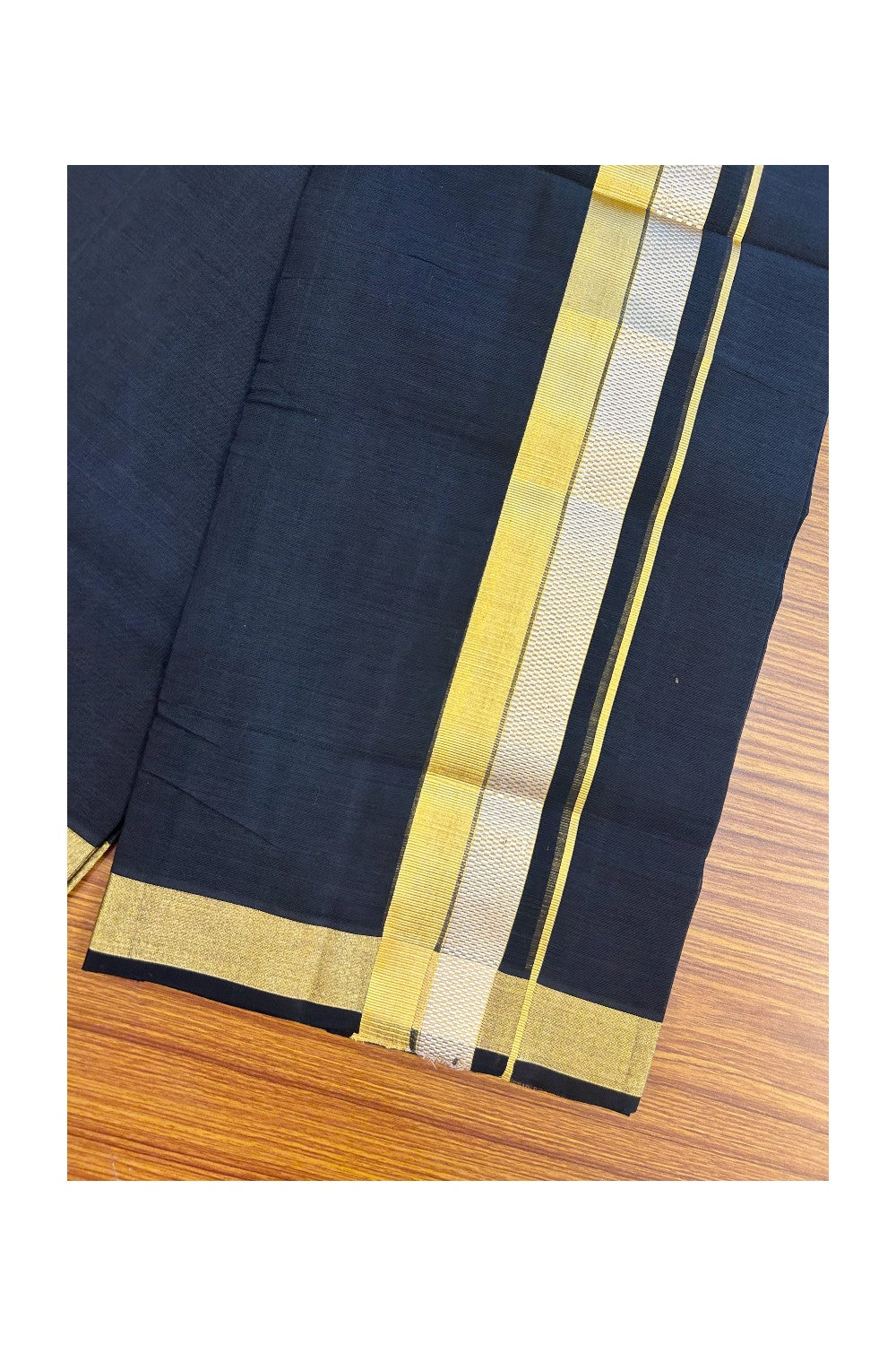 25% Discount! KaithariKada Handloom UNAKKUPAAV Balaramapuram - 100% Cotton Double Mundu/Dhoti - Black Colour Body - 2 inch Gold Kasavu & Silver Kasavu Design - 16KK5176ABH
