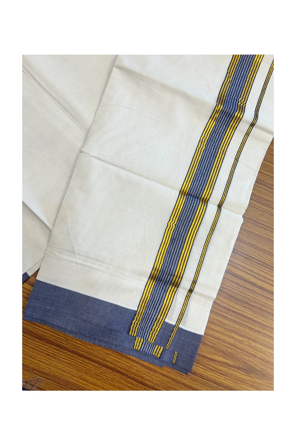 20% DISCOUNT! KaithariKada Balaramapuram Double OFF WHITE Mundu/Dhoti - 80x80- 1.5 Inch Gold Kasavu & Navy Blue Shaded striped Kara - 16KK5182VAS