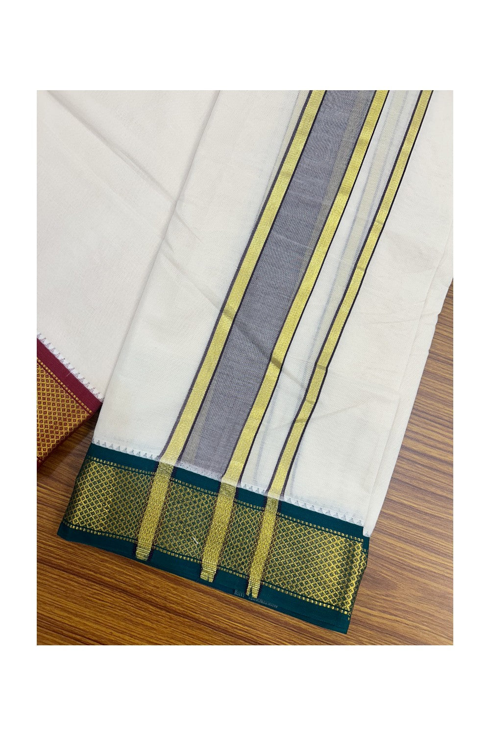 Panchakacham Dhoti - 20% DISCOUNT! KaithariKada 100% Cotton Off White - (Unbleached) 100x100 thread - NORTH INDIAN ATTACHED GAMCHA 9X5 Dhoti - 2 inch Violet kara with Maroon & Green Kasavu border - 16KK5196PMC