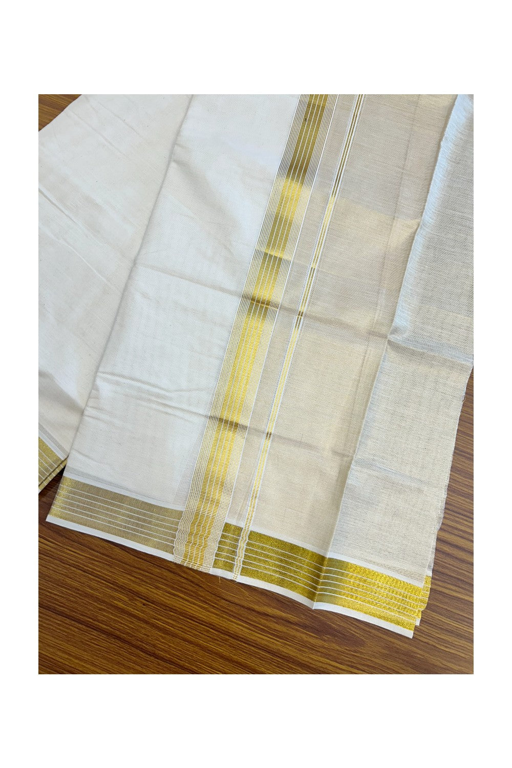 20% DISCOUNT ! KaithariKada Balaramapuram - 100% PURE Cotton Off White - (Unbleached) Double Mundu/Dhoti - 100X80 - 1.5 inch Gold Kasavu & Silver Kasavu Striped Kara - 16KK5212 VIN