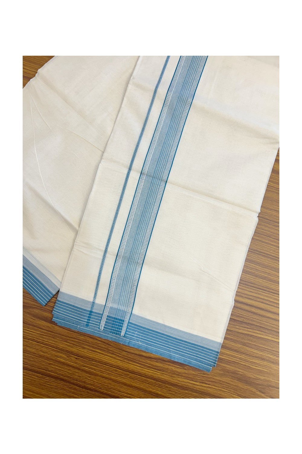 20% DISCOUNT ! KaithariKada Balaramapuram 100% Cotton OFF WHITE (Unbleached) Double Mundu/Dhoti - 100X80 - 1.5 inch Peacock Blue Stripes & Shaded Designer Kara - 16KK5213 VIN