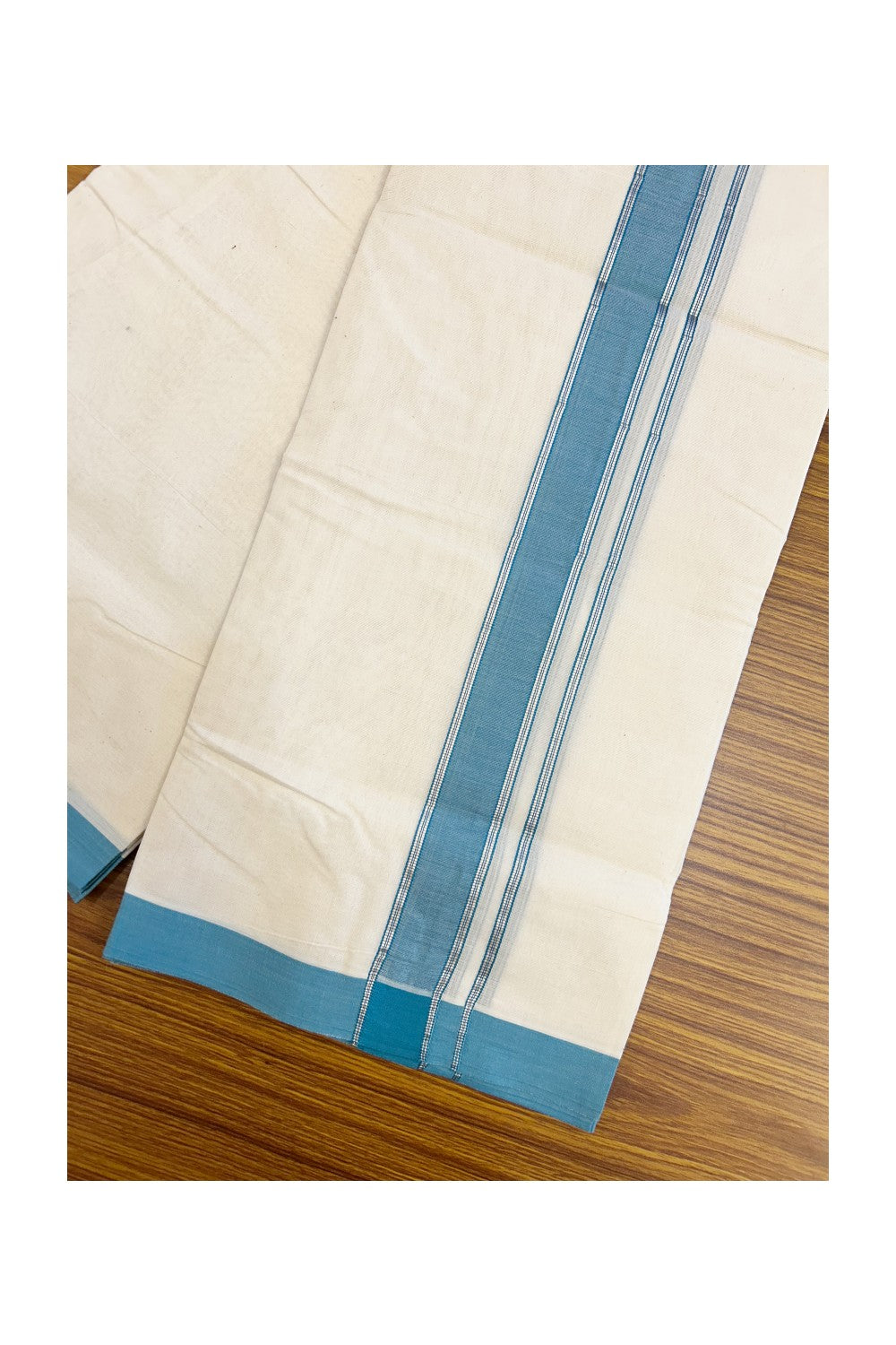 NEW !! 20% DISCOUNT!! KaithariKada Balaramapuram 100% Cotton Double Off white - (Unbleached) Mundu/Dhoti-100x80 - 1.5 inch Silver Kasavu & Teal Blue Shaded Striped KARA - 3.75 mtr (8 Muzham) - 16KK5218 ASH