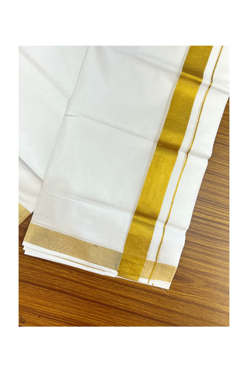 20% DISCOUNT!! KaithariKada Balaramapuram 100% Cotton DOUBLE PURE WHITE Mundu/Dhoti - 100x100 - 1.25 inch Gold Kasavu Kara 4 mtr (8.5 muzham) - 16KK5221 GAN