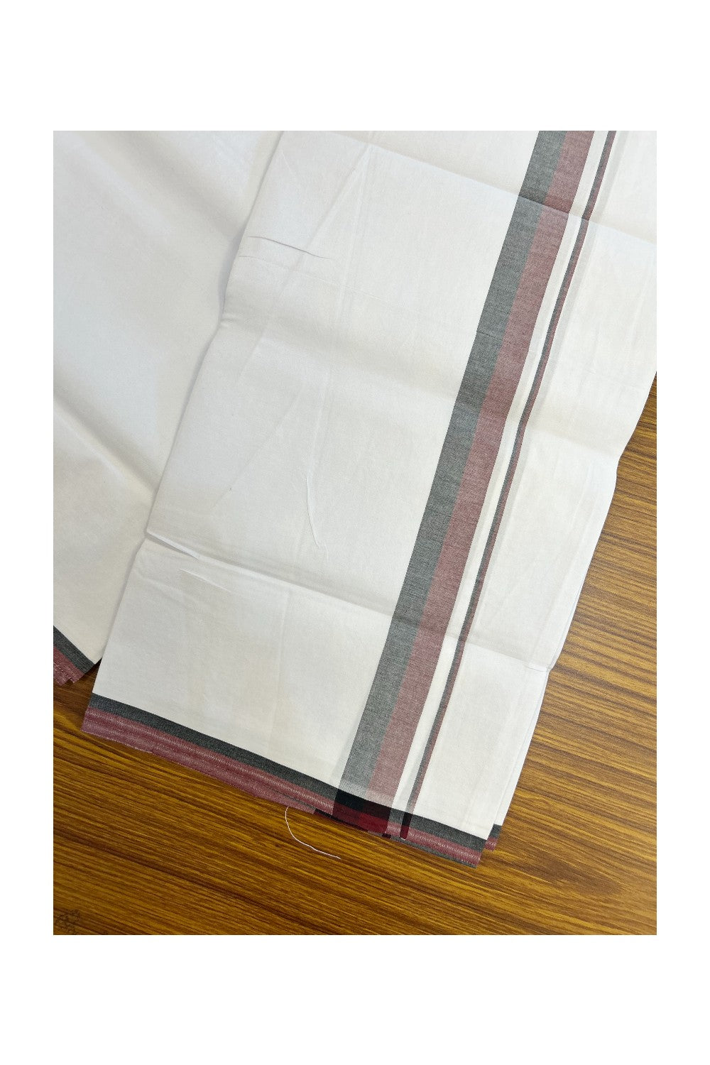 DMK Veshti - 20% Discount !! KaithariKada Balaramapuram PURE WHITE SINGLE Mundu/Dhoti - 100X100 - 1.25 inch Maroon & Black Kara (2 meter / 4 muzham) - 15KK5224 ASH