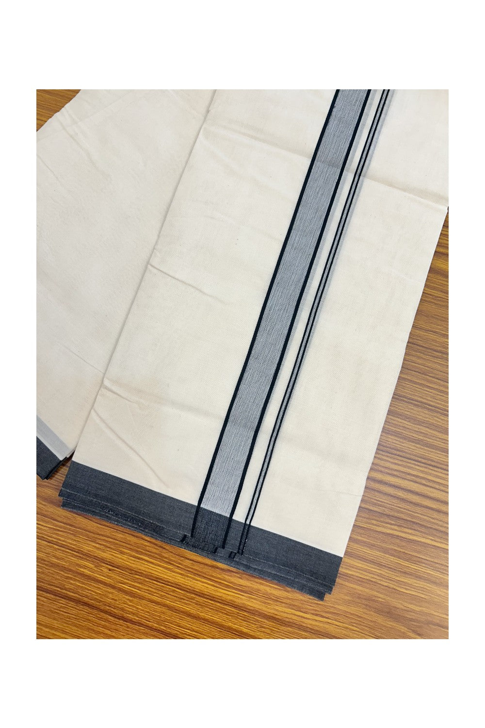 20% Discount KaithariKada Balaramapuram 100% Cotton Double Off white - (Unbleached) - Mundu/Dhoti - 100x100 - 1.25 inch Black Shaded Kara - 16KK5226 ASH