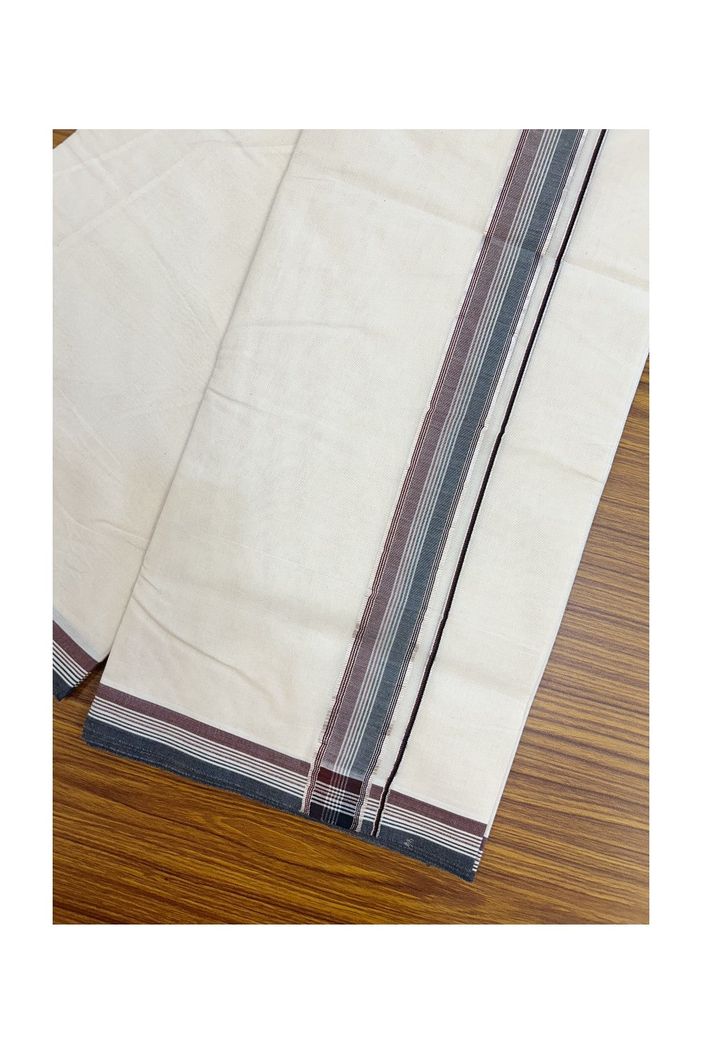 20% Discount KaithariKada Balaramapuram 100% Cotton Double Off white - (Unbleached) - Mundu/Dhoti - 100x100 - 1.5 inch Silver Kasav Black & Dark Maroon Striped Kara - 4 mtr ( 8.5muzham)- 16KK5228 ASH