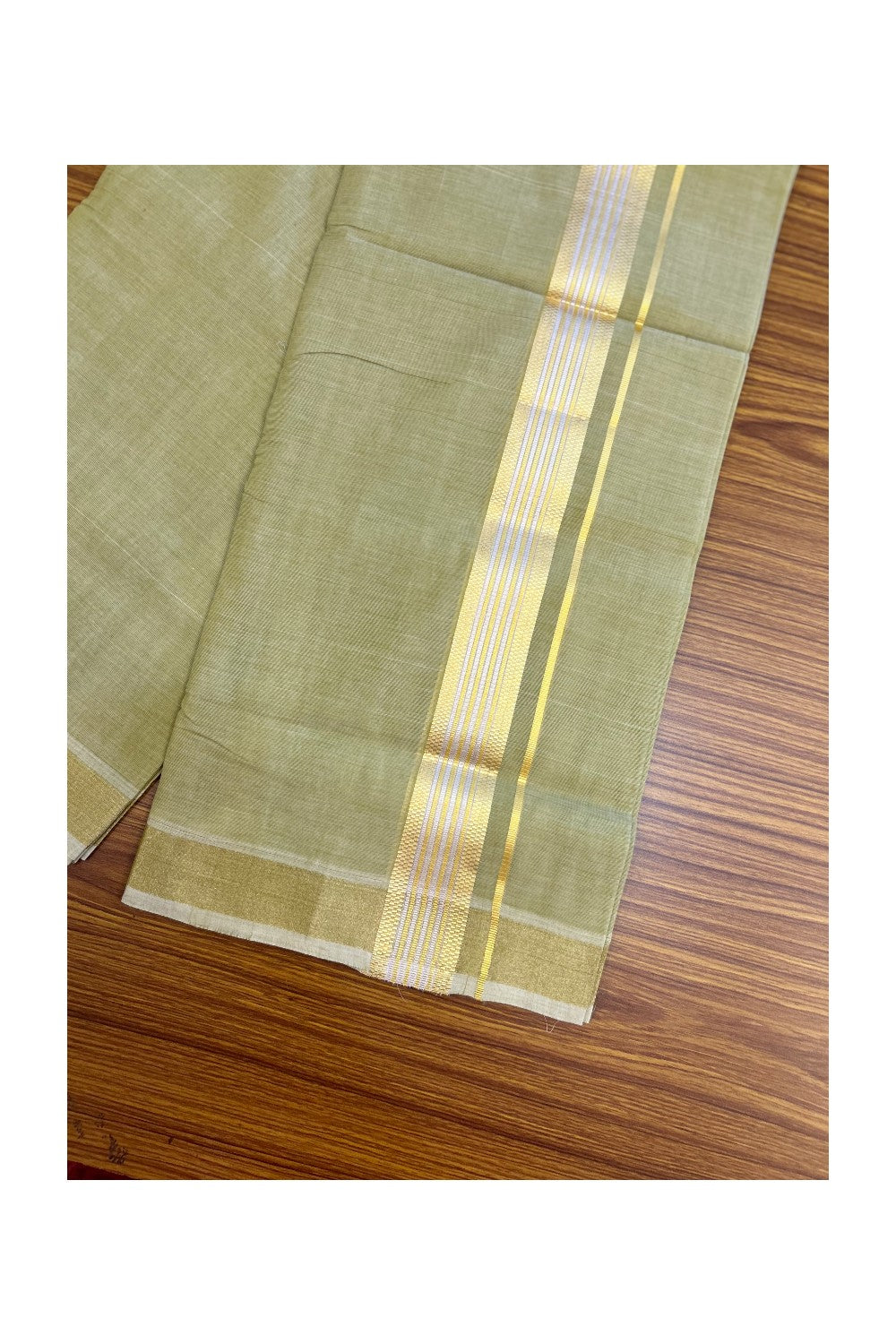 25% Discount! KaithariKada Handloom UNAKKUPAAV Balaramapuram - 100% Cotton Double Mundu/Dhoti - 80x90 - 1.5 inch Gold Kasavu & silver Jacquard Design Kara with Pastel Olive green Colour Body 4 mtr (8.5 Muzham) - 15KK5231 ABH