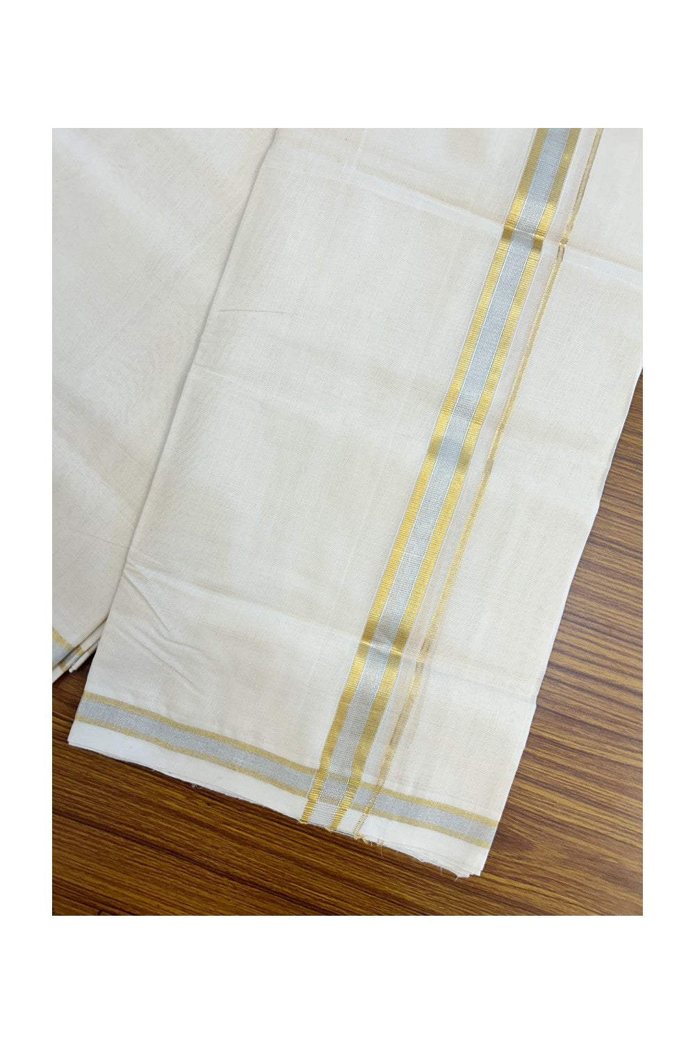 25% DISCOUNT ! KaithariKada HANDLOOM MILLPAAV Balaramapuram - 100% PURE Cotton Off White - (Unbleached) Double Mundu/Dhoti - 80X90 - 1 inch Gold Kasavu & Silver Kasavu Stripes Kara 4 mtr (8.5 muzham)- 16KK5234 RAM