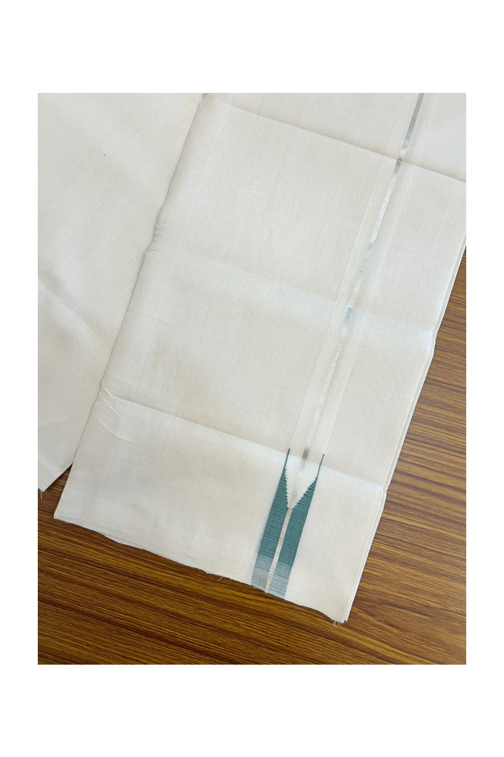25% Discount!!! KaithariKada HANDLOOM UNAKKUPAAV Balaramapuram - 100% PURE Cotton OFF WHITE (Unbleached) Double Mundu/Dhoti - 80x90 - 1 inch Silver kasavu Green shaded chutty 4 Mtr (8.5 Muzham) - 16KK5235 YAR