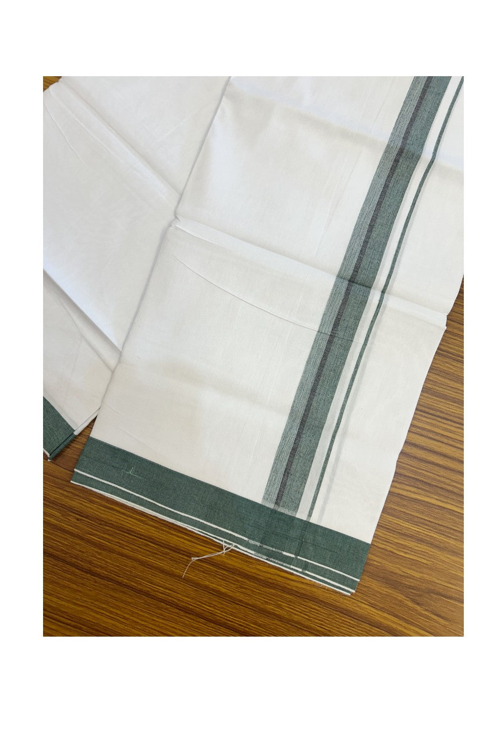 24% Discount !! KaithariKada Balaramapuram 100% Cotton Pure white Single Mundu/Dhoti - Twisted 60s Thread- 1.25 inch Green & Black Shaded Striped Kara (2 meter / 4 muzham) - 16KK5241 GL