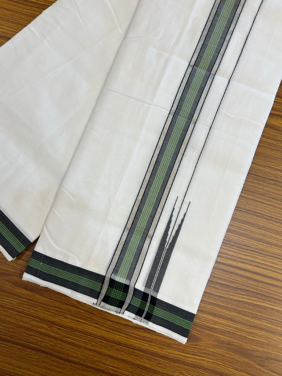 25% Discount!! NEW ULTRA PURE WHITE THREAD HANDLOOM Balaramapuram - 100% MERCERISED Cotton Double Mundu/Dhoti - 120 twisted warp x 80s weft - Green Black Stripes Silver Kasav Chutty Kara- 16KK5248 REA