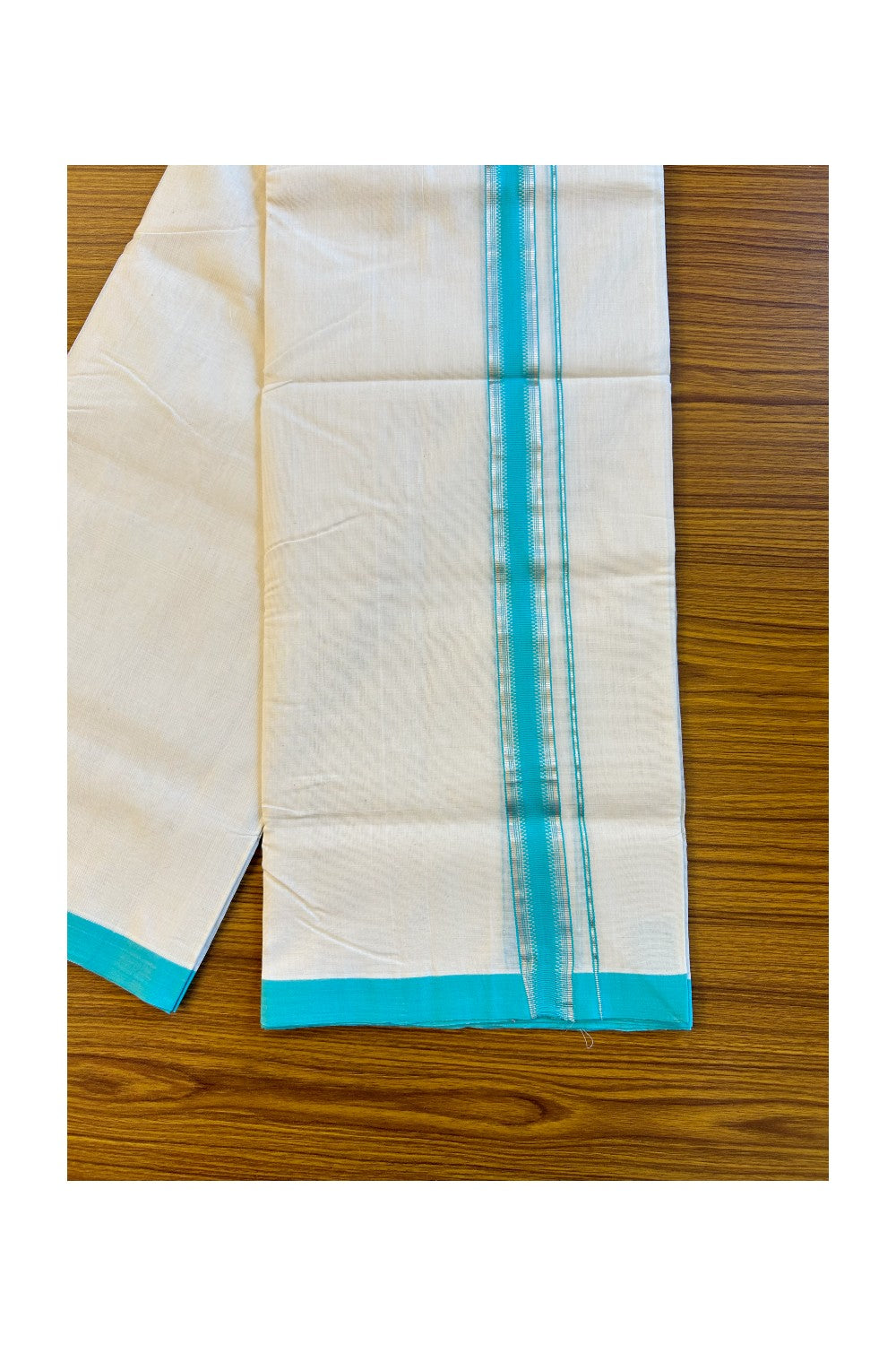 30% DISCOUNT! KaithariKada BALARAMAPURAM HANDLOOM UNAKKUPAAV - 100% PURE Cotton Off white (Unbleached) Double Mundu/Dhoti - Silver stripes Turquoise blue kara - 16KK72RAM