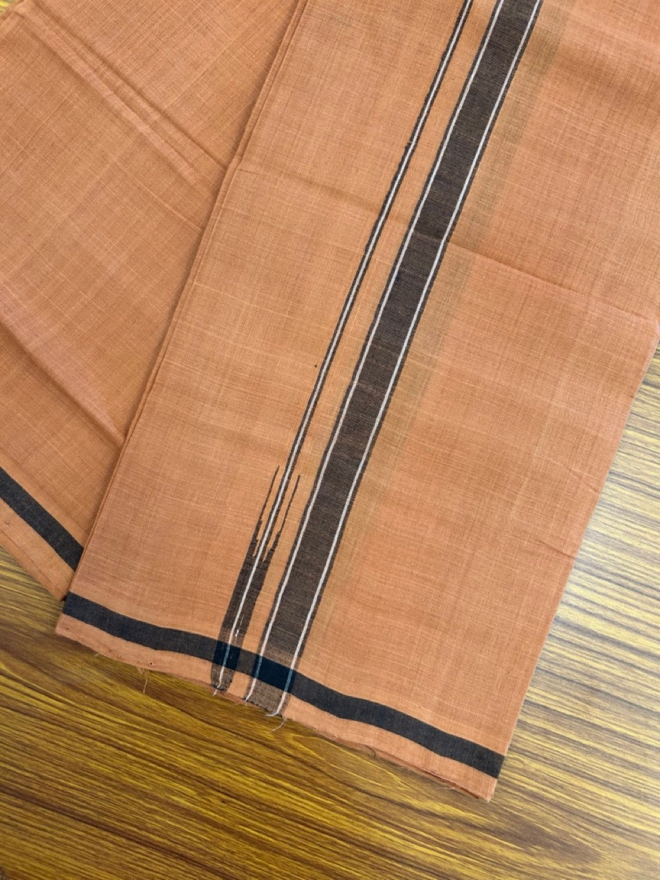 HANDLOOM Single KaithariKada - 10% Discount ! 100% Pure Cotton - Mundu/Dhoti KAVI COLOUR BODY 2cm BLACK & WHITE Kara Stripes Chutty (2 meter / 4 muzham)- 16KK8026ELA