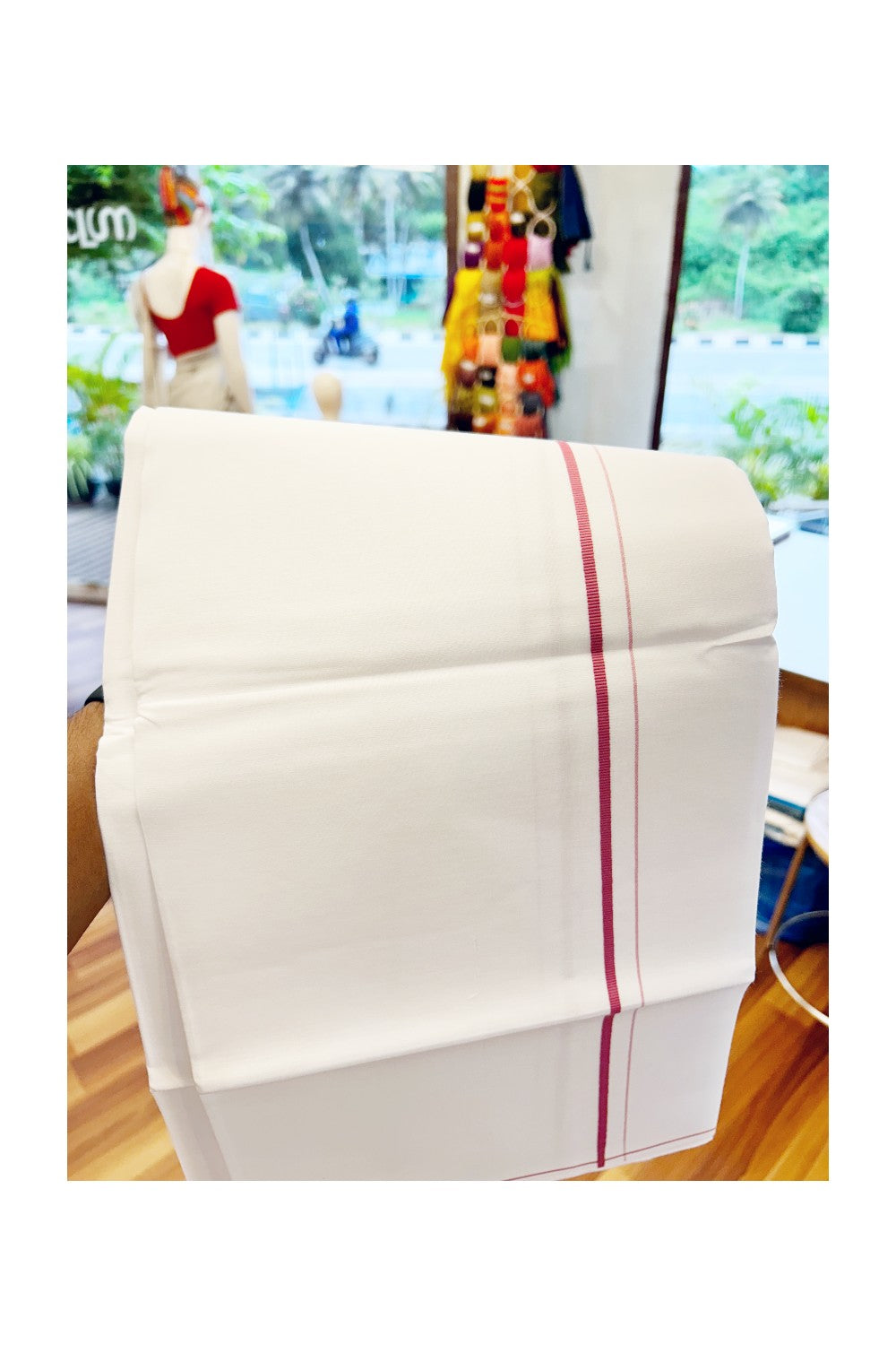 15% Offer!! KaithariKada 100% Cotton Pure White Single Mundu/Dhoti-40X40 Pink+Magenta 1.5 cm (2 meter / 4 muzham) Kara- 16sar