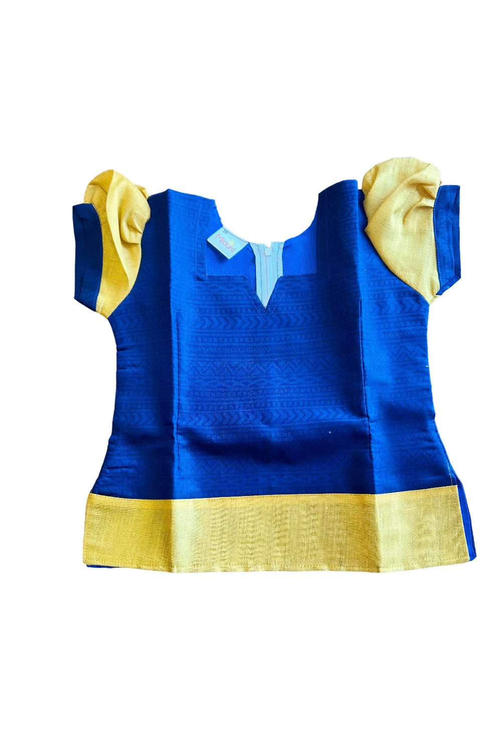 Midukki-Traditional South Indian Kids Pattu Pavada- Navy Blue top with emboss work offwhite skirt with kasavu - Age 4 - KK4MID0016