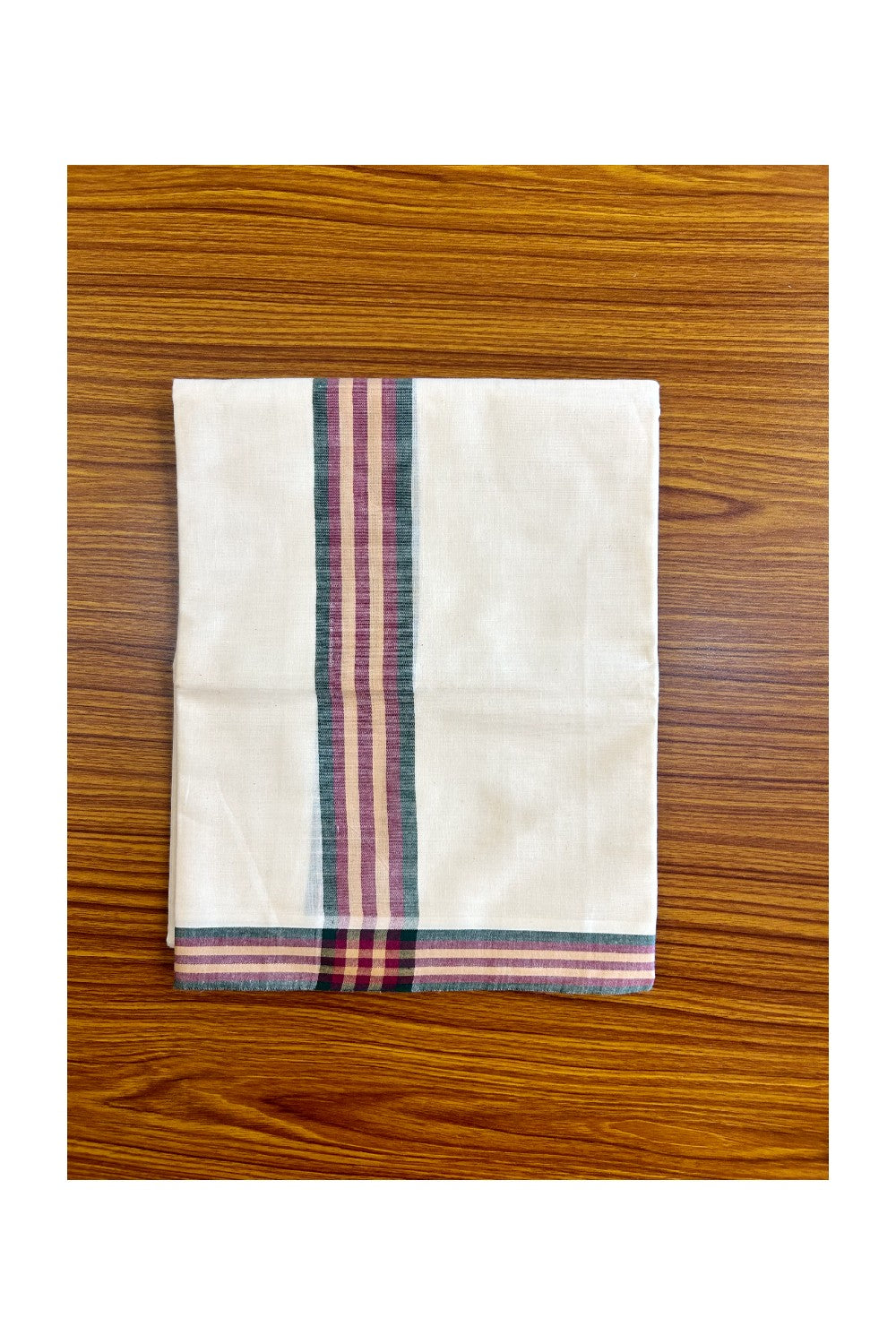 15% Discount!! KaithariKada - Kerala Cotton SINGLE SET MUND FOR WOMEN - EXTRA LENGTH - Green, Maroon & Yellow Stripes Mulloth Kara- 16KK472CKA