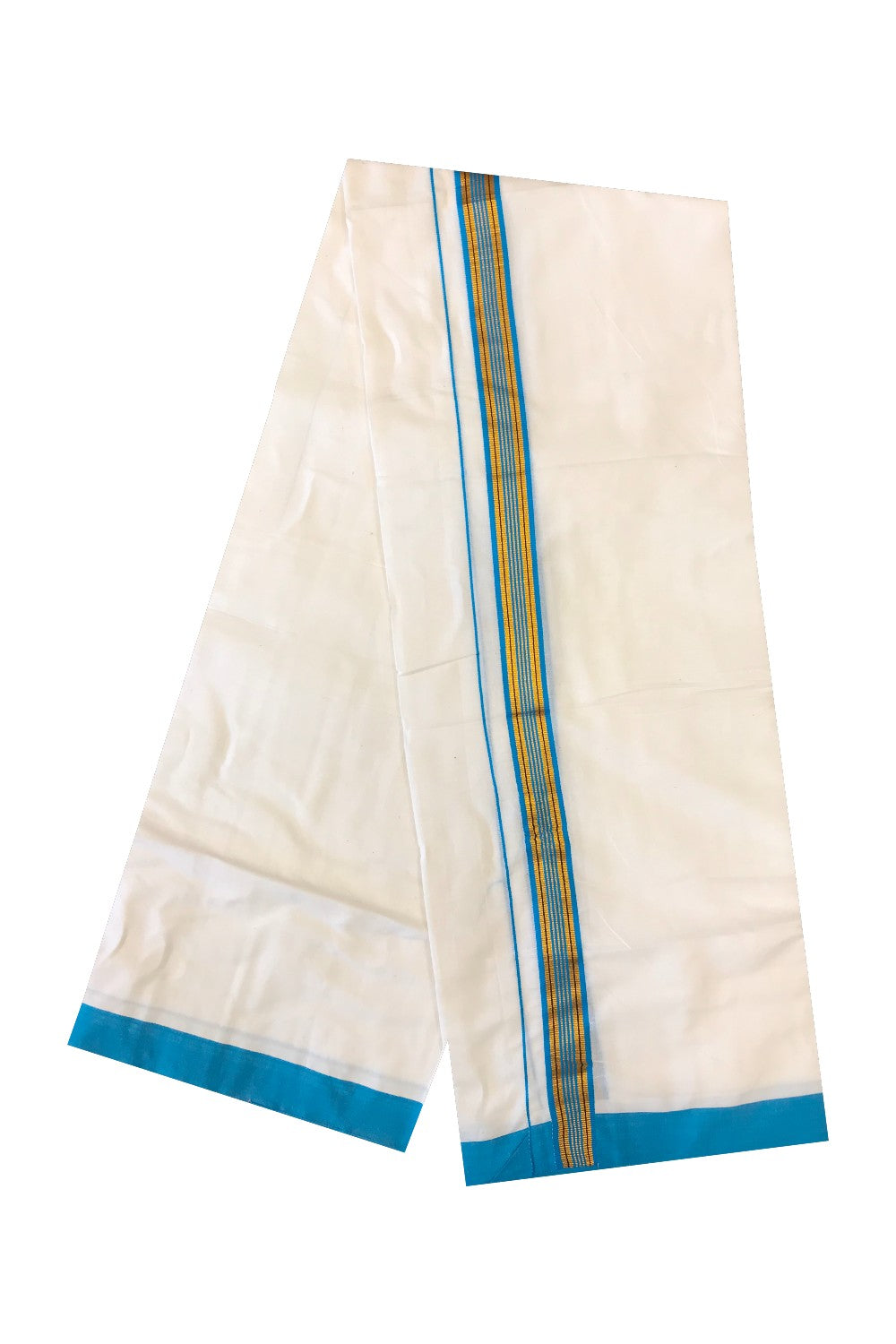 KaithariKada 100 Cotton Off White Double Dhoti/Mundu 1.INCH SKY BLUE