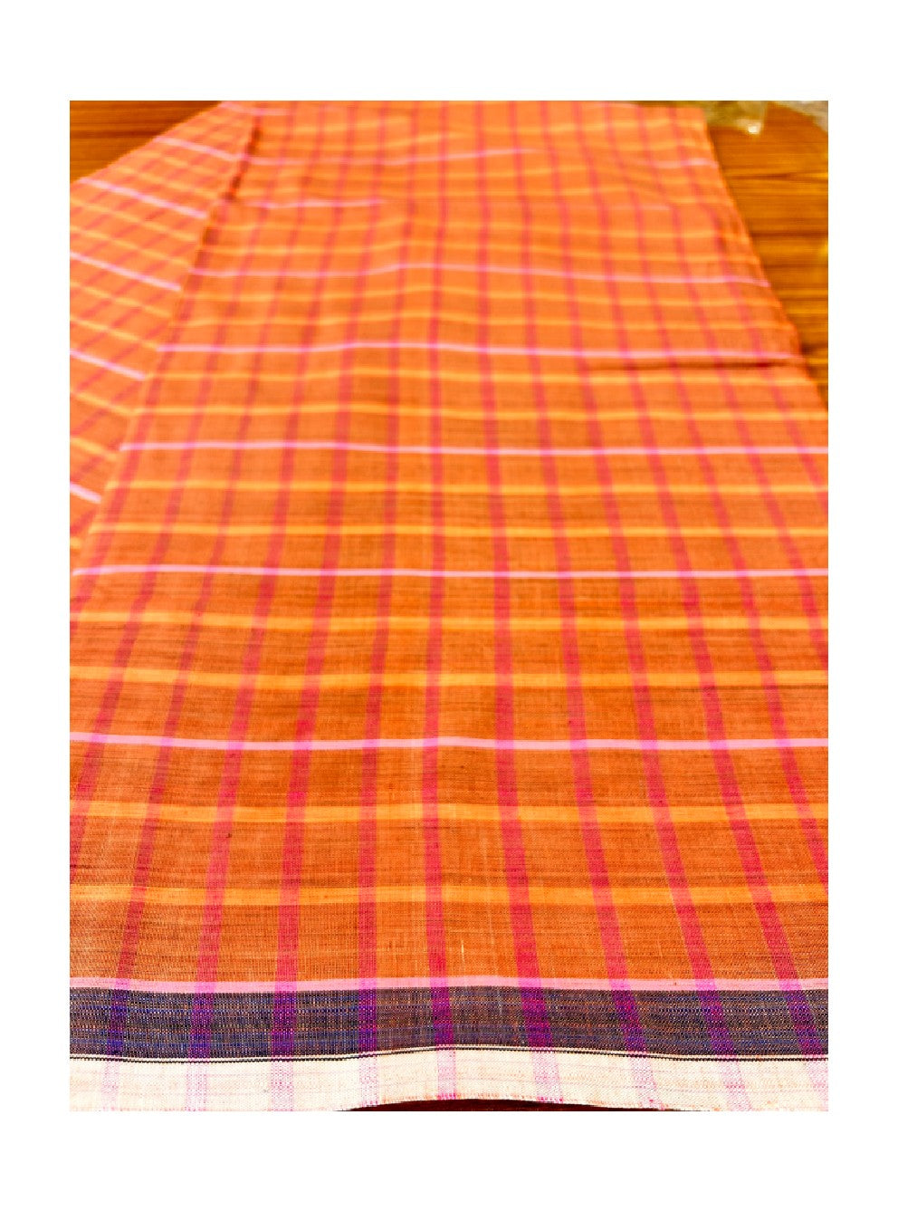 10% DISCOUNT ! KaithariKada Kalamachal 100% Pure Cotton - Handloom Single Mundu/Dhoti RED KAVI PEACH CHECK COLOUR BODY & BLACK 2.cm Kara- 161123KAILY028.HANDLOOM GOVERNMENT SEALED.