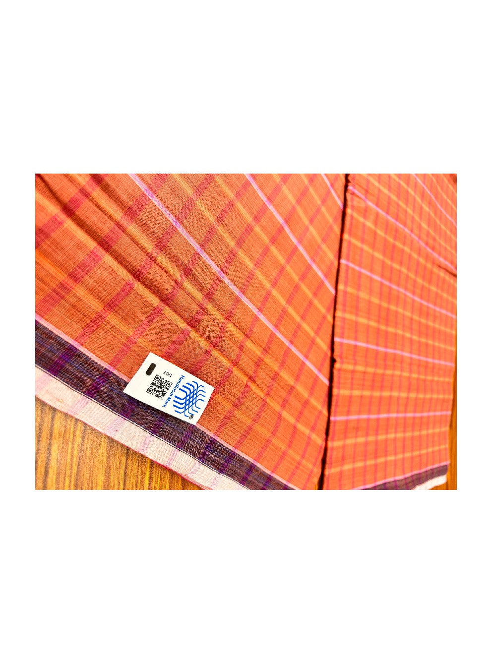 10% DISCOUNT ! KaithariKada Kalamachal 100% Pure Cotton - Handloom Single Mundu/Dhoti RED KAVI PEACH CHECK COLOUR BODY & BLACK 2.cm Kara- 161123KAILY028.HANDLOOM GOVERNMENT SEALED.