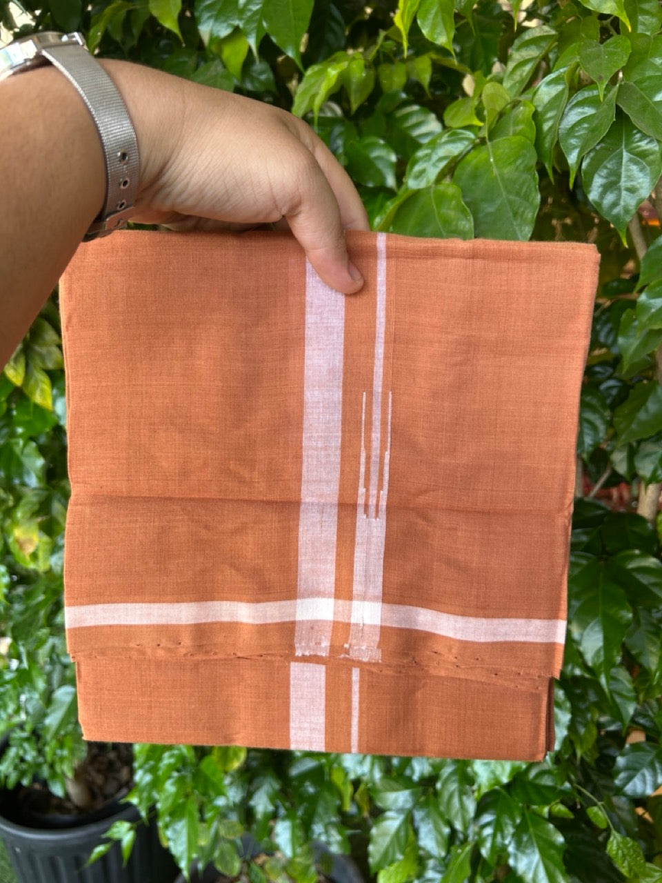 HANDLOOM Single KaithariKada - 10% Discount ! 100% Pure Cotton - Mundu/Dhoti KAVI COLOUR BODY 2cm WHITE Kara Stripes (2 meter / 4 muzham)- 17KK8026ELA