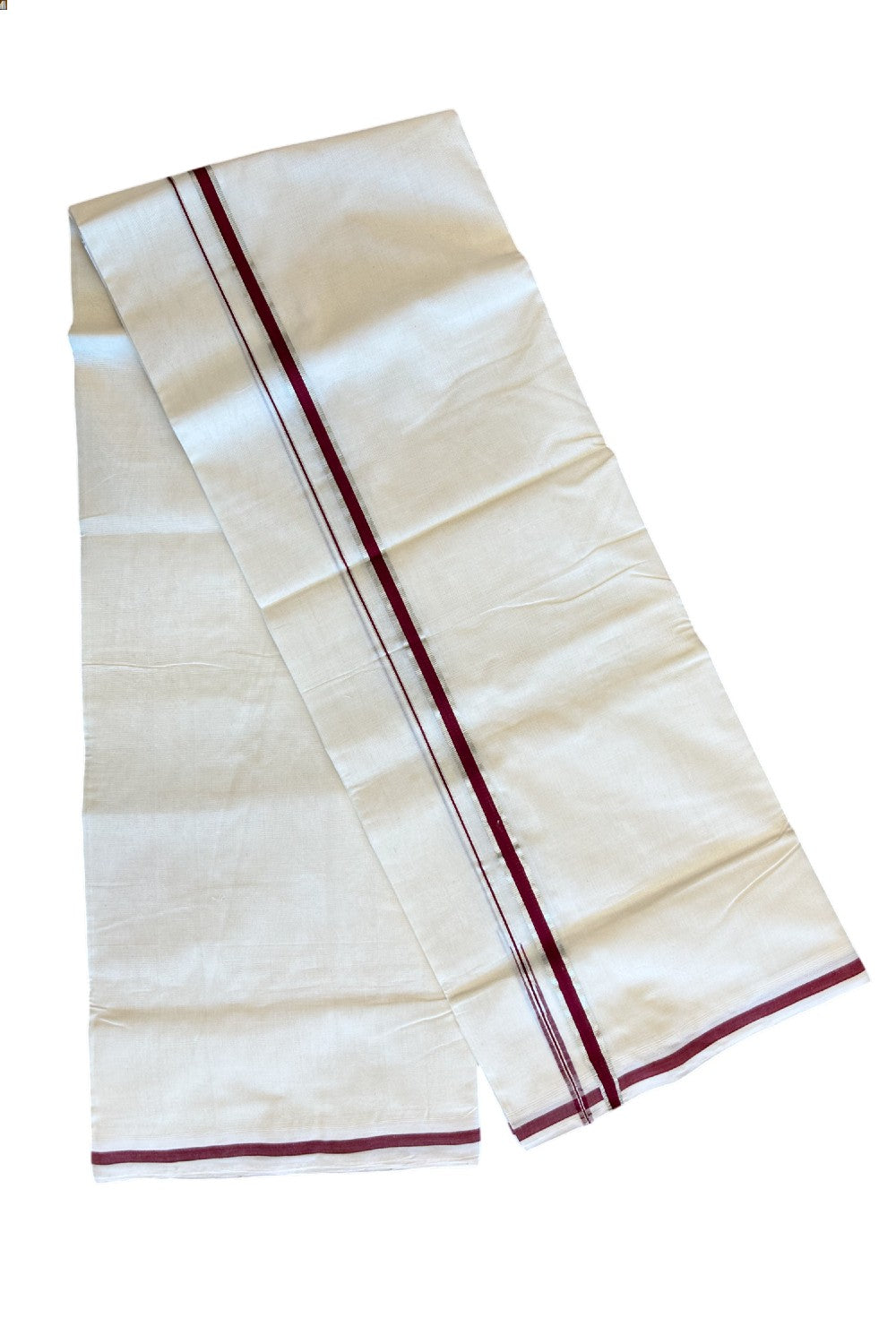 25% Discount!! KaithariKada HANDLOOM UNAKKUPAAV Balaramapuram - 100% PURE Cotton Off white (Unbleached) Double Mundu/Dhoti - 1.cm Maroon & Silver Kasavu Chutty Kara-120