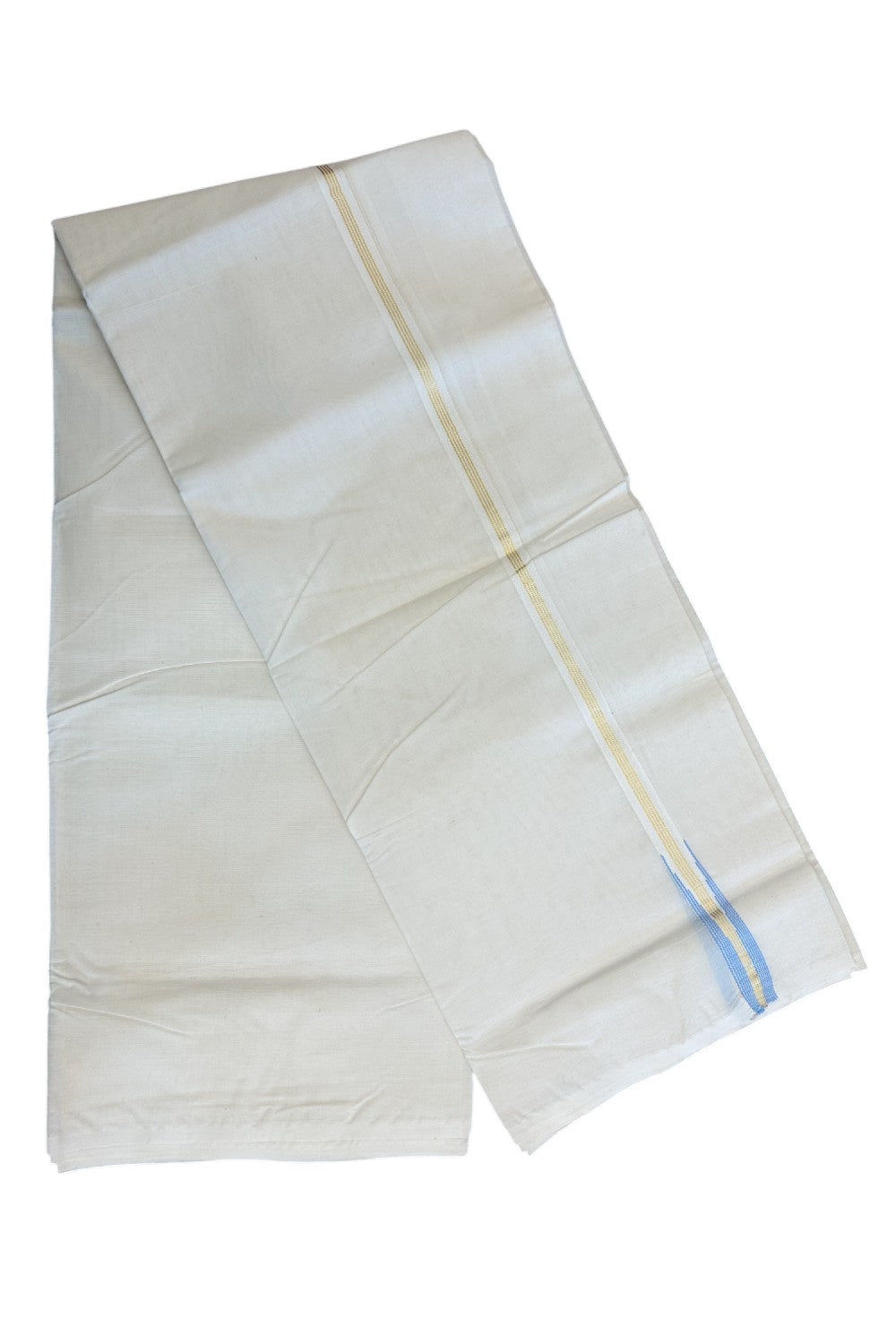 18% Discount New!! KaithariKada Balaramapuram 100% Cotton Double Off white - (Unbleached) - Mundu/Dhoti-100x100 2cm Puliyilakkara Chutty Gold 4 Line Kasavu & Blue kara - 22