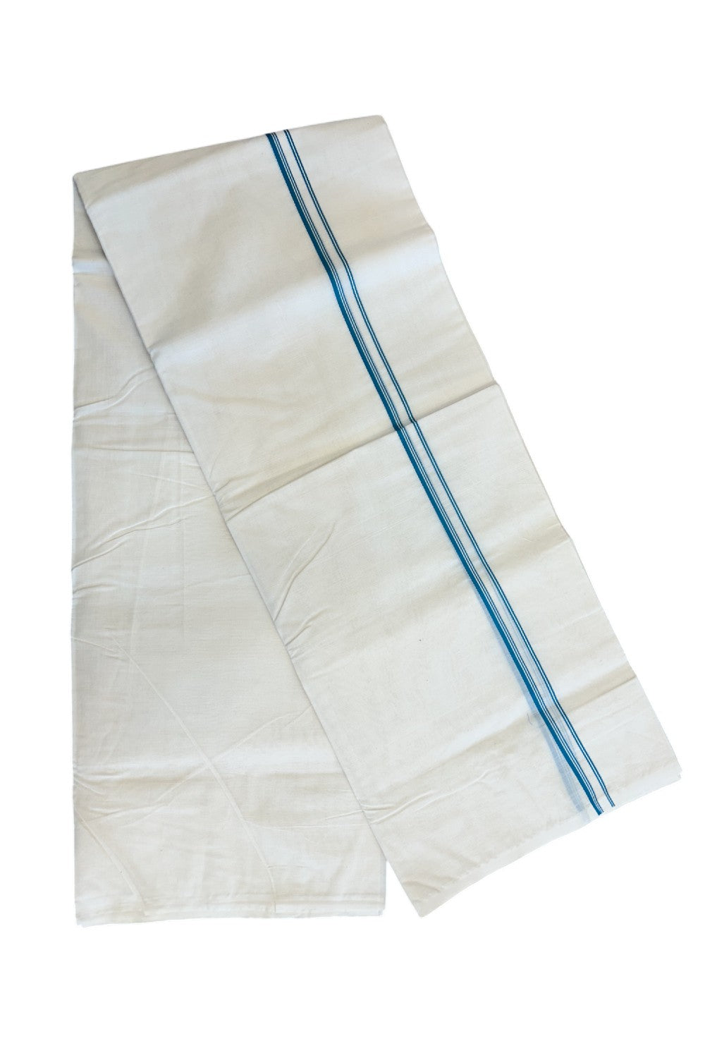 10% DISCOUNT ! KaithariKada Balaramapuram 100% Cotton Double Off white - (Unbleached) Mundu/Dhoti-100X100- PEACOCK GREEN & STRIPES 2.cm Kara.- ASH010.