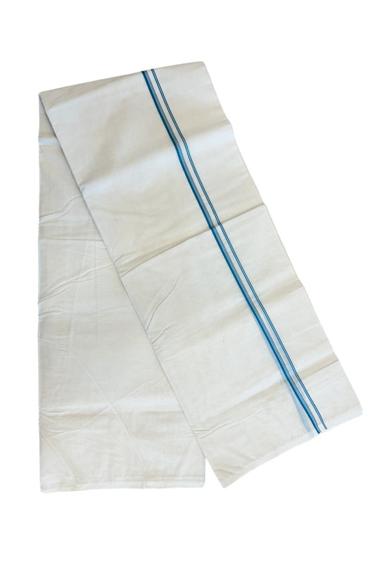 10% Discount! KaithariKada Balaramapuram 100% Cotton Double Off white - (Unbleached) Mundu/Dhoti - 100X100 - Peacock Green & Stripes 2.cm Kara.- ASH010.