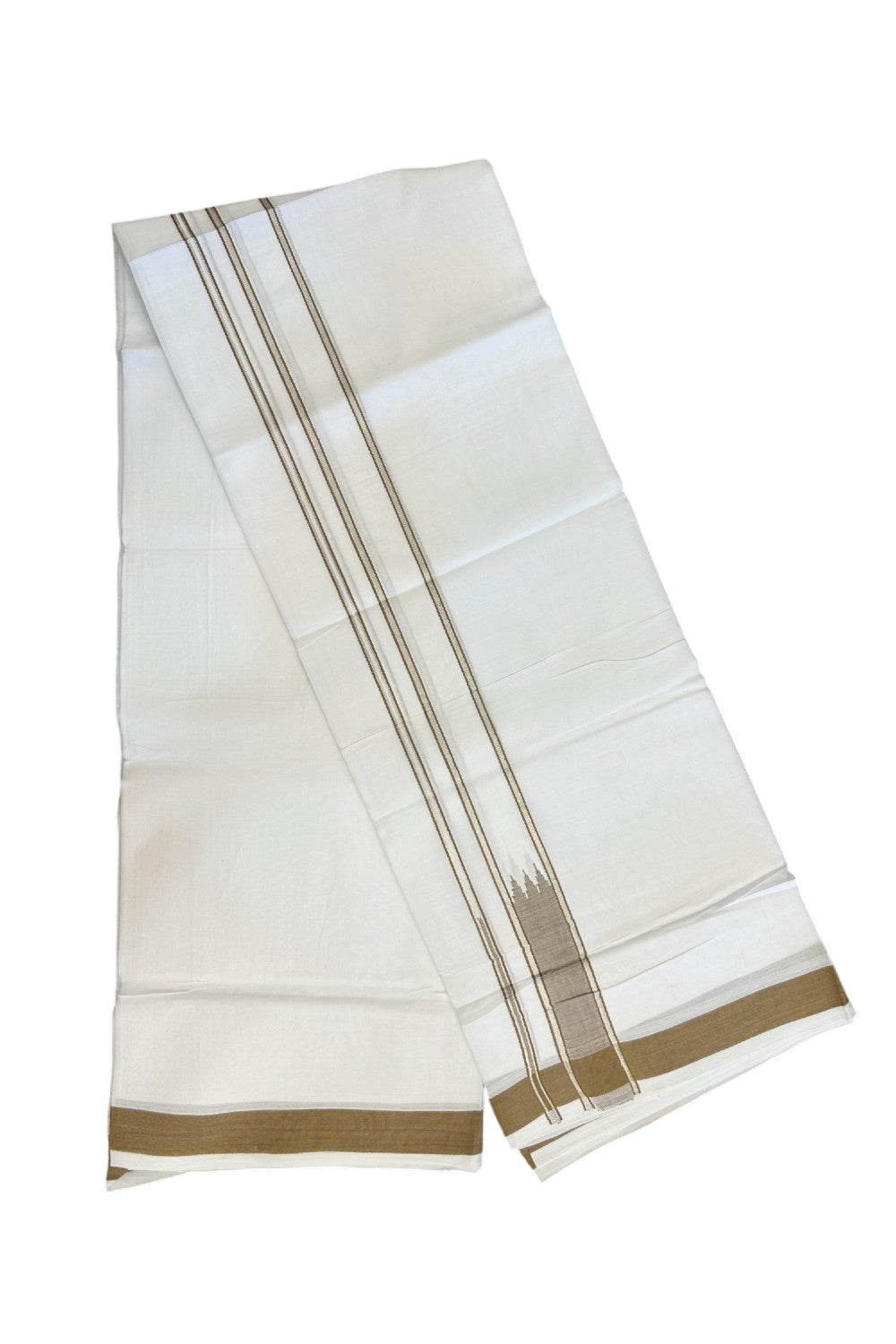 25% DISCOUNT! KaithariKada Balaramapuram 100% Mercerised Cotton Double ULTRA PURE white Mundu/Dhoti - 120x120 - 1.5 inch Heavy Chutty Silver Kasavu & Peanut Brown Shaded Kara - 17KK5139THI