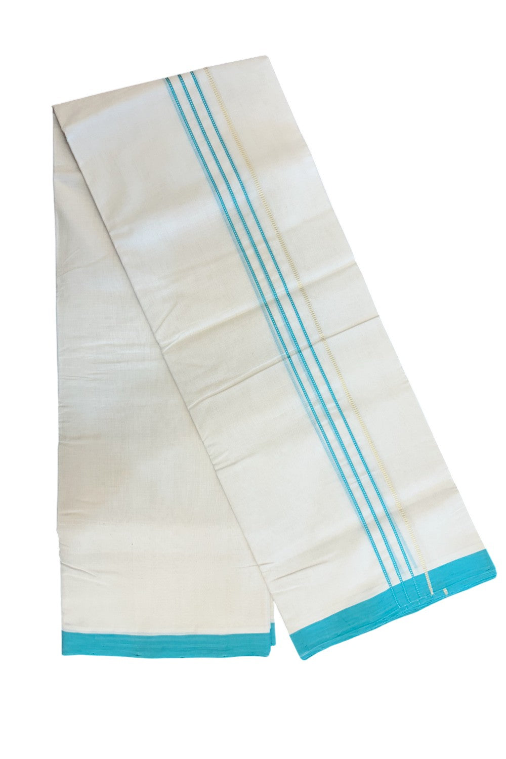 25% DISCOUNT!! KaithariKada HANDLOOM UNAKKUPAAV Balaramapuram - 100% PURE Cotton OFF White - (Unbleached) Double Mundu/Dothi - 80x100 - PURE JERRY 3 cm Turquoise blue stripes pattern kara 3.80 meter (8.5 Muzham) - 29KK5167REA