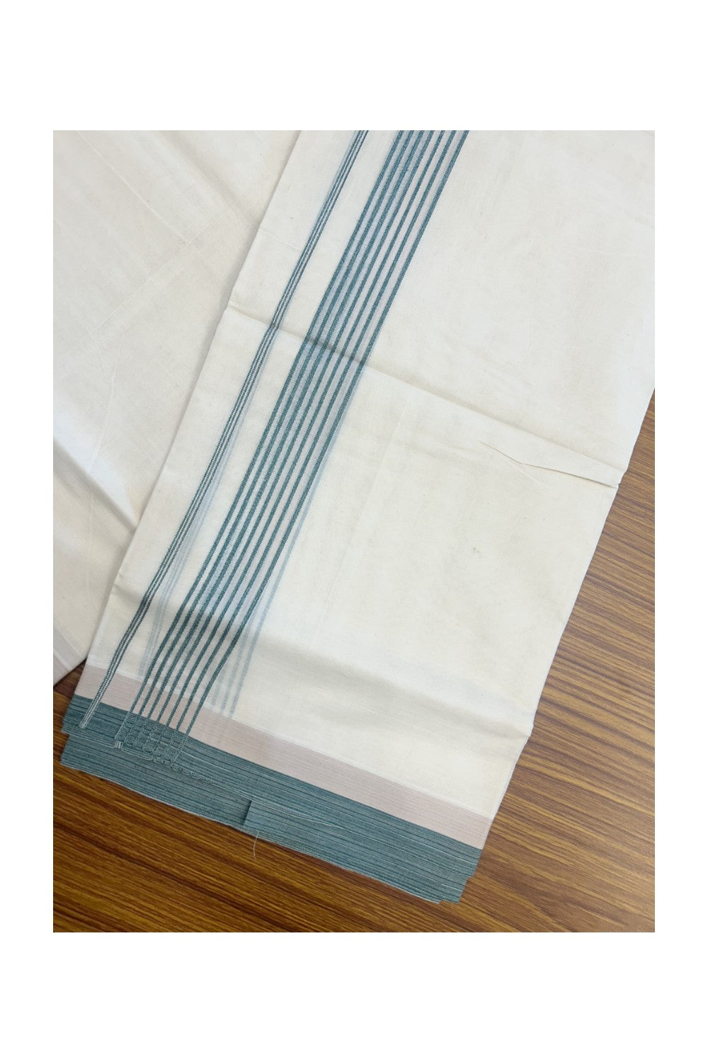 20% DISCOUNT ! KaithariKada Balaramapuram 100% Cotton Double off white (Unbleached) Mundu/Dhoti - 100X80 - 1.5 inch Silver Kasavu & Green Stripes kara - 17KK5172PMC