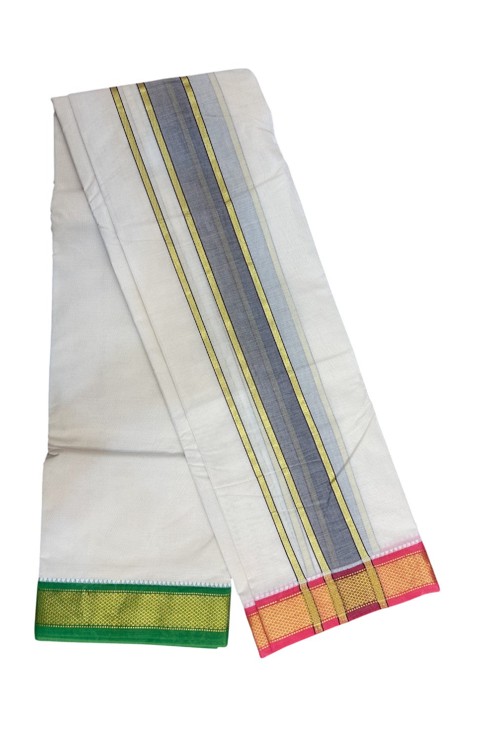 20% DISCOUNT! KaithariKada 100% Cotton Off White - (Unbleached) 100x100 thread - NORTH INDIAN- ATTACHED GAMCHA 9X5 Dhoti 2.25 inch Dark Brown kara with Light Green & Pink Kasavu border - 17KK5196PMC