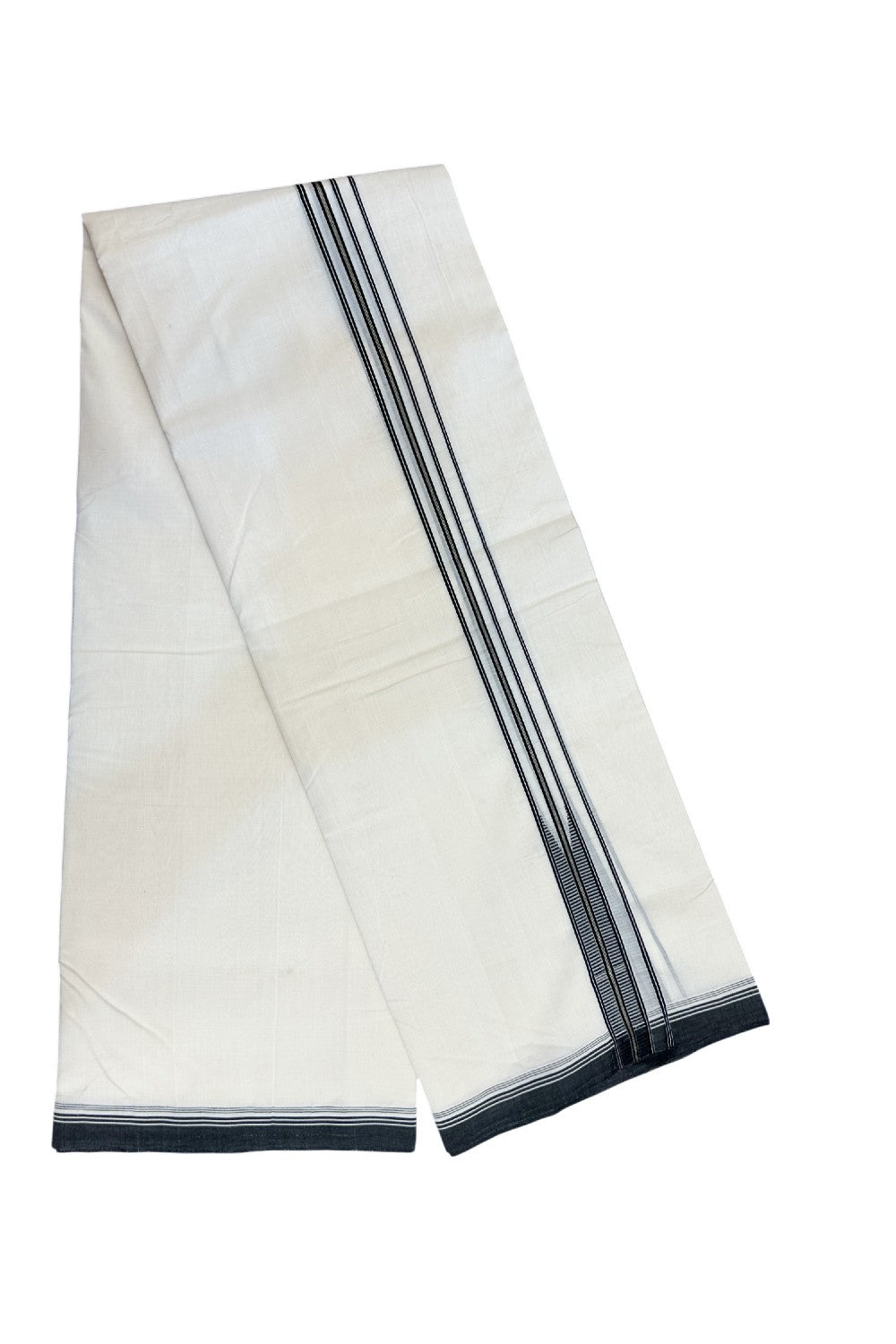 25% DISCOUNT!! KaithariKada HANDLOOM UNAKKUPAAV Balaramapuram - 100% PURE Cotton OFF White - (Unbleached) Double Mundu/Dothi - 80X100 - 1 inch Pure Silver Kasavu Puliyilakkara Black striped chutty Kara 3.80 meter (8.5 Muzham) - 17KK5209 REA
