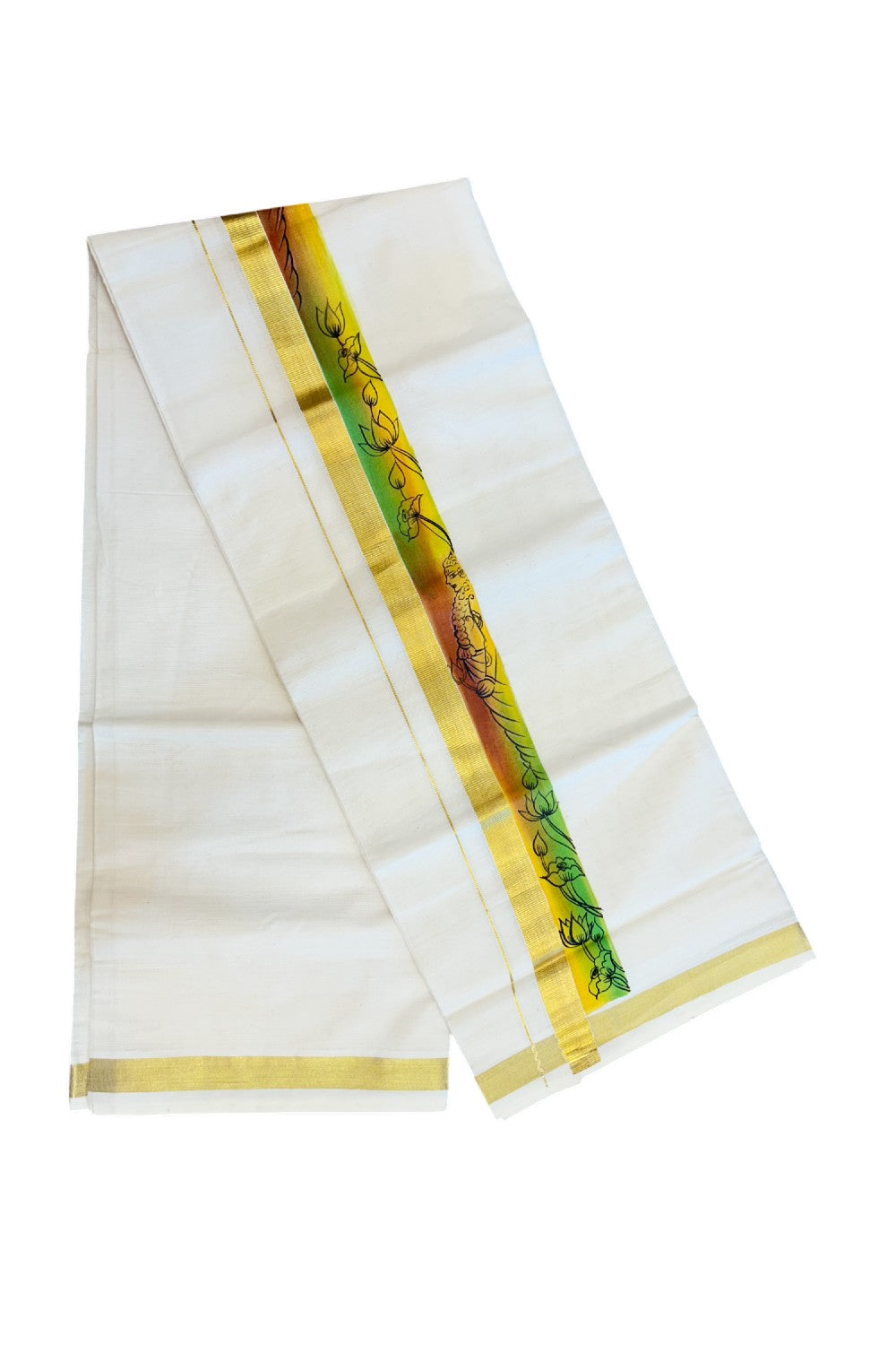 29% Discount! KaithariKada Balaramapuram 100% Cotton off white Double - (Unbleached) Mundu/Dhoti- 80x90 - Gold Kasavu HAND PAINTED Yellow , Orange , Green Flower Pattern 2.25 inch Kara - 17KK5212 VIN