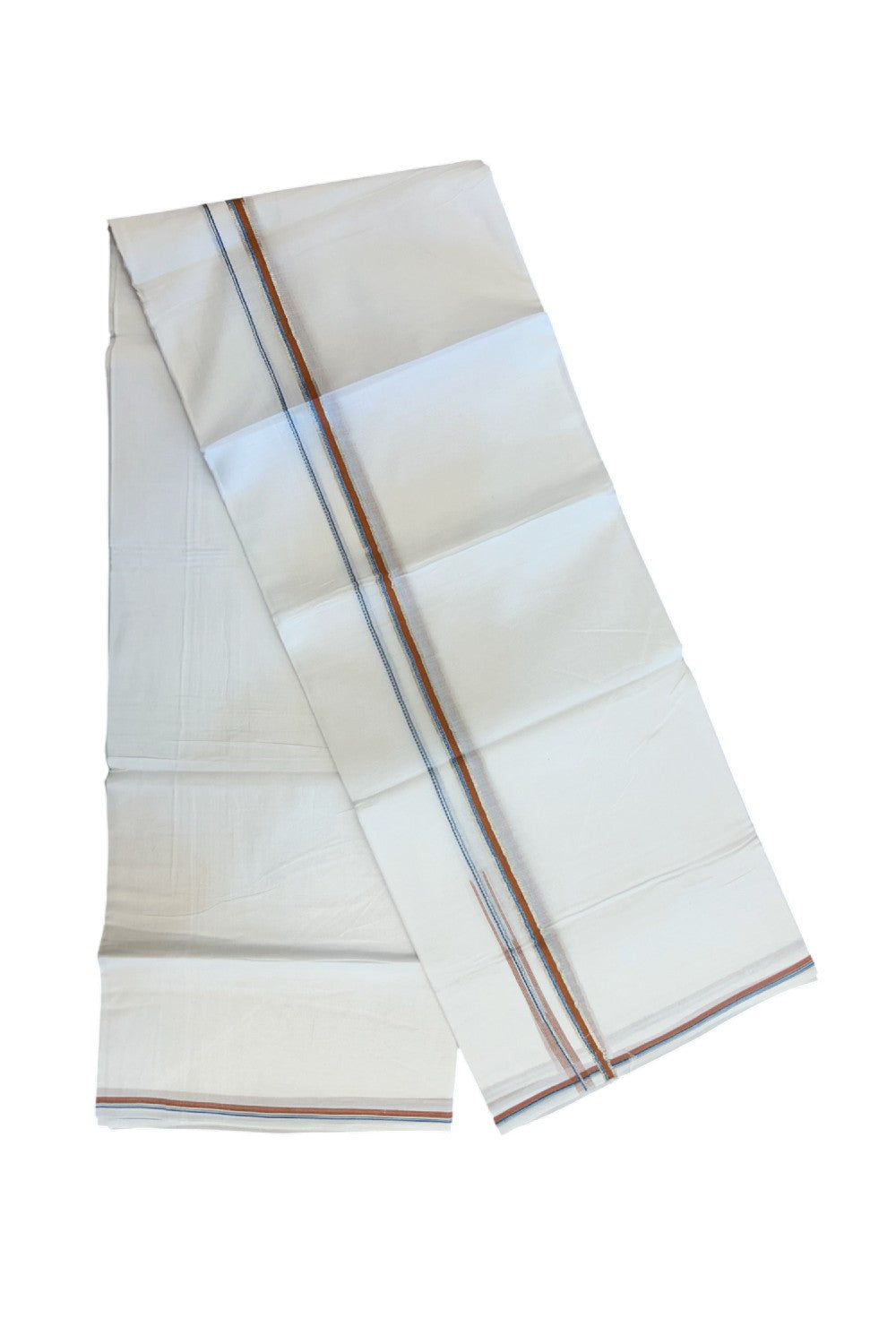 20% Discount !! Kaitharikada Balaramapuram 100% Cotton PURE WHITE DOUBLE Mundu/Dothi- 100X80 - 0.5 inch Silver Kasavu Light Orange & Blue Design Chutty Kara - 17KK5217 CKS