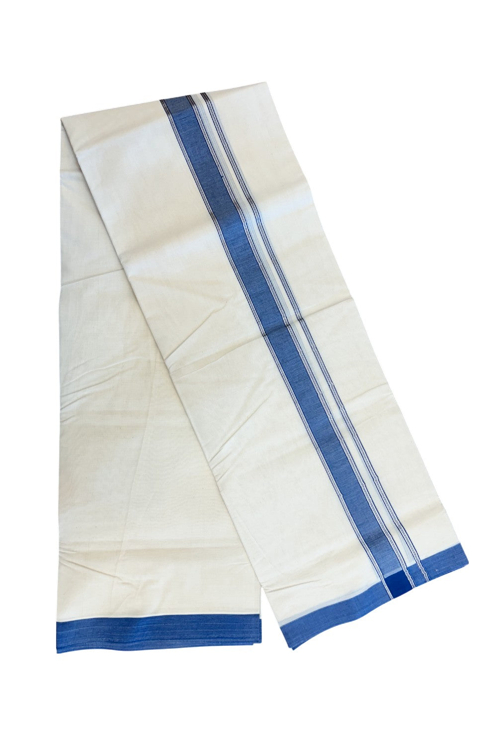 NEW !! 20% DISCOUNT!! KaithariKada Balaramapuram 100% Cotton Double Off white - (Unbleached) Mundu/Dhoti-100x80 - 1.25 inch Silver Kasavu & Blue Shaded Striped KARA - 3.75 mtr (8 Muzham) - 17KK5218 ASH