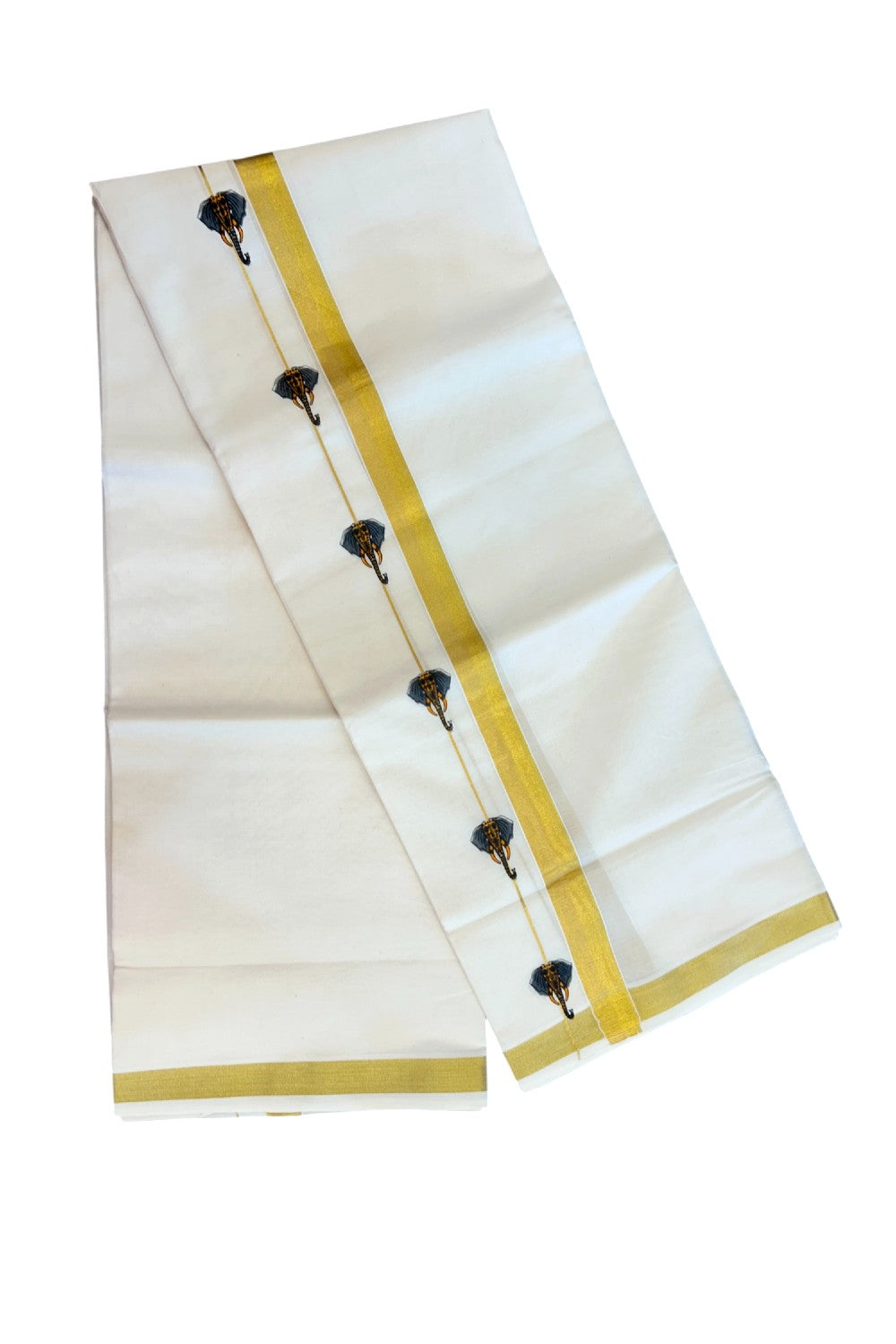 22% Discount!! KaithariKada Balaramapuram 100% Cotton DOUBLE OFF WHITE - (Ubleached) Mundu/Dhoti - 80x90 - 1 inch Gold Kasavu with Elephant Printed Design Kara - 17KK5219 GAN