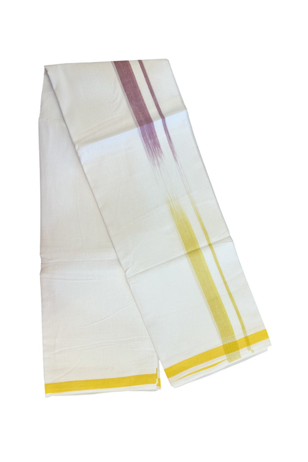 20% Discount!!! KaithariKada Balaramapuram Double PURE WHITE RAINBOW Mundu/Dhoti - 100X80 - 1 inch Light Yellow & Wine shaded Striped Designer Kara - 17KK5220 THI