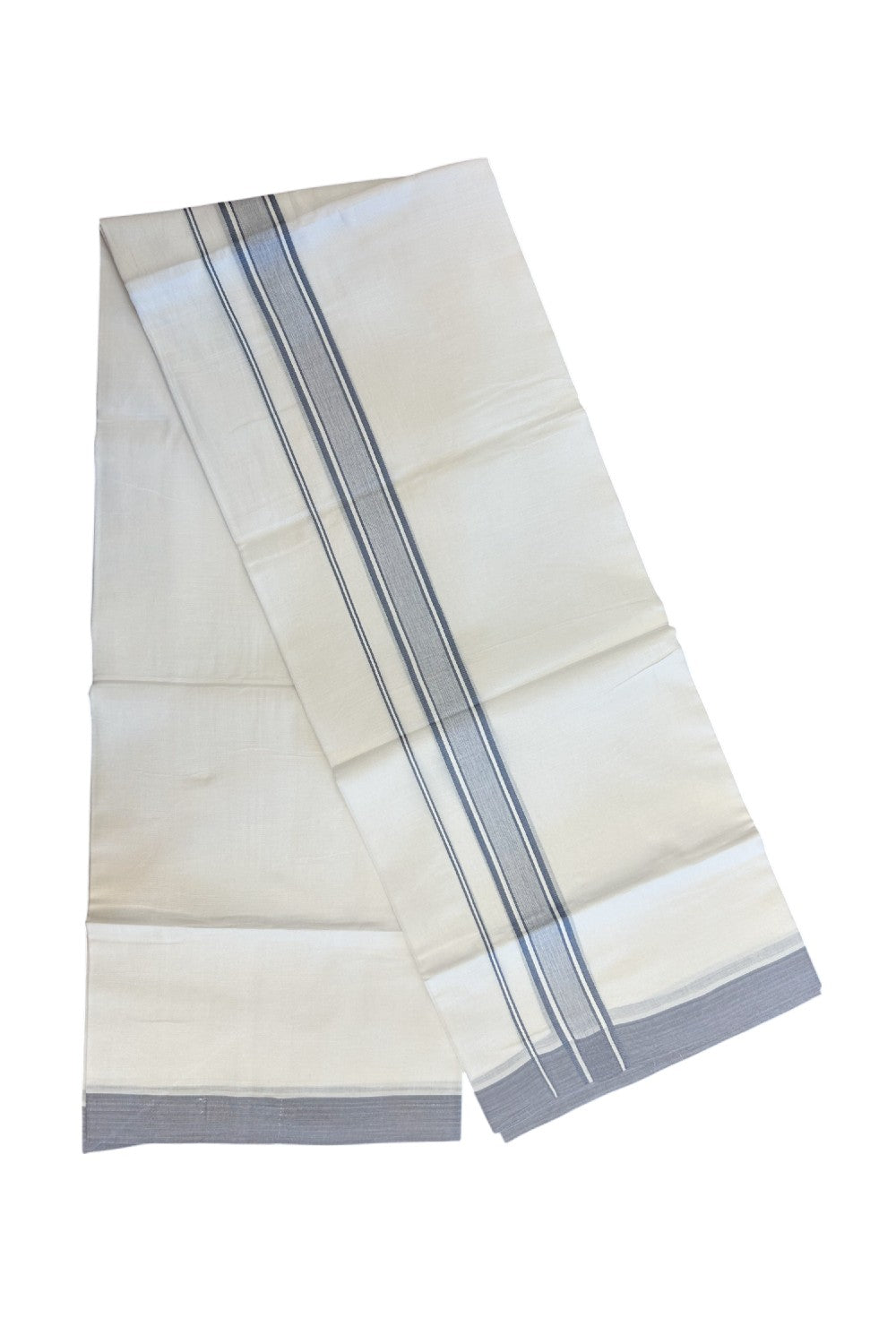 20% DISCOUNT! KaithariKada Balaramapuram 100% Cotton Double Pure white Mundu/Dhoti-( 60s ) - 1.5 inch Lavender Blue Shaded Striped Kara - 3.86mtr ( 8 muzham) - 17KK5227 PMC