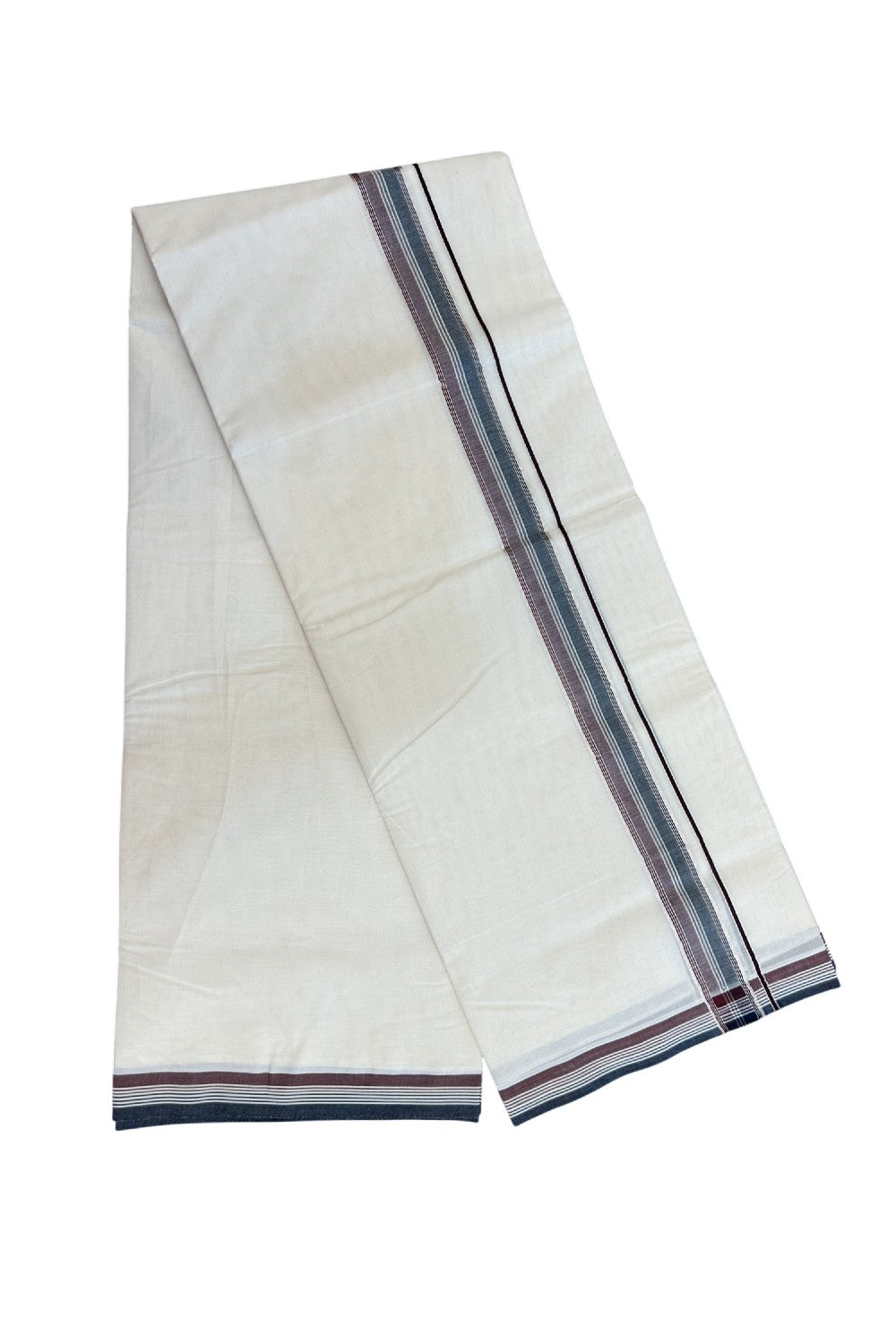 20% Discount KaithariKada Balaramapuram 100% Cotton Double Off white - (Unbleached) - Mundu/Dhoti - 100x100 - 1.5 inch Silver Kasav Black & Dark Maroon Striped Kara - 4 mtr ( 8.5muzham)- 17KK5228 ASH