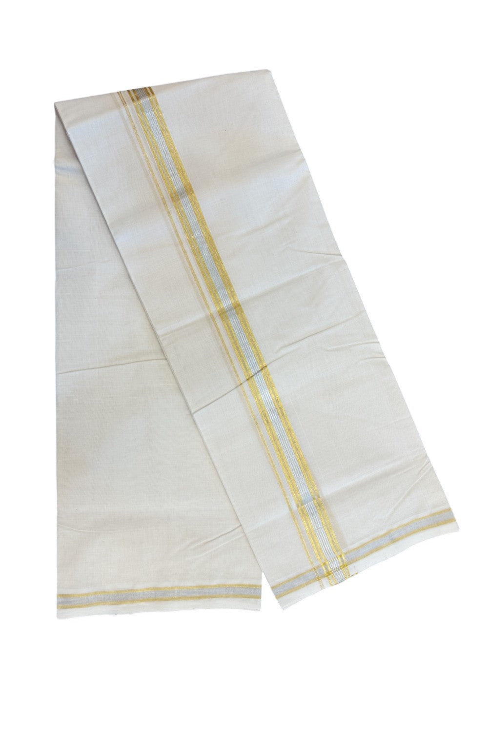 25% Discount ! KaithariKada HANDLOOM MILLPAAV Balaramapuram - 100% PURE Cotton Off White - (Unbleached) Double Mundu/Dhoti - 80X90 - 1 inch Gold Kasavu & Silver Kasavu Stripes Kara 4 mtr (8.5 muzham)- 17KK5234 RAM